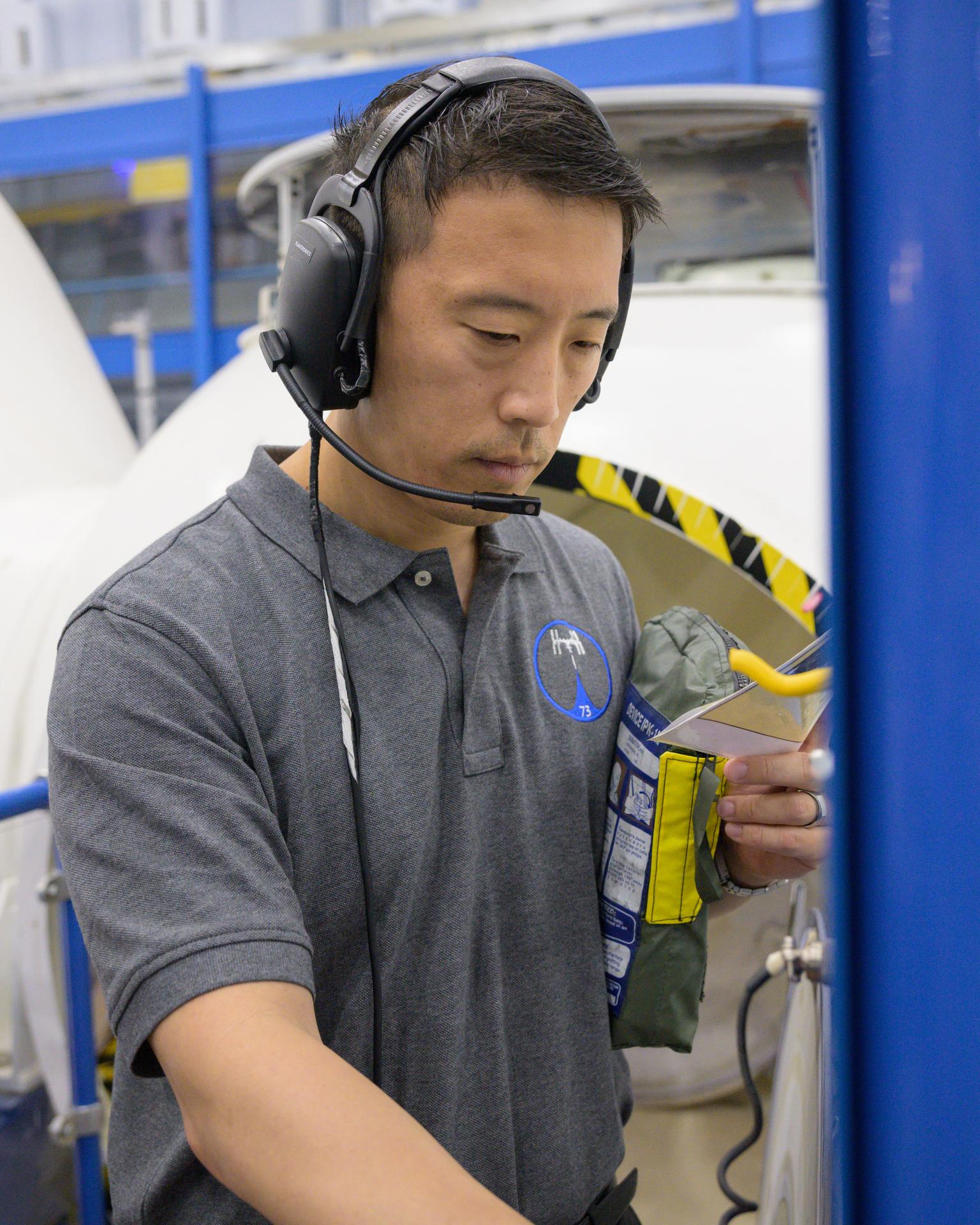 NASA astronaut Jonny Kim completing Emergency Scene Joint Crew 2 Training at the Space Vehicle Mockup Facility in Houston, Texas.