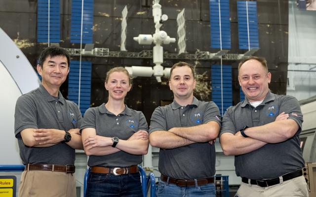 NASA’s SpaceX Crew-11 crew poses for a portrait at the Space Vehicle Mockup Facility