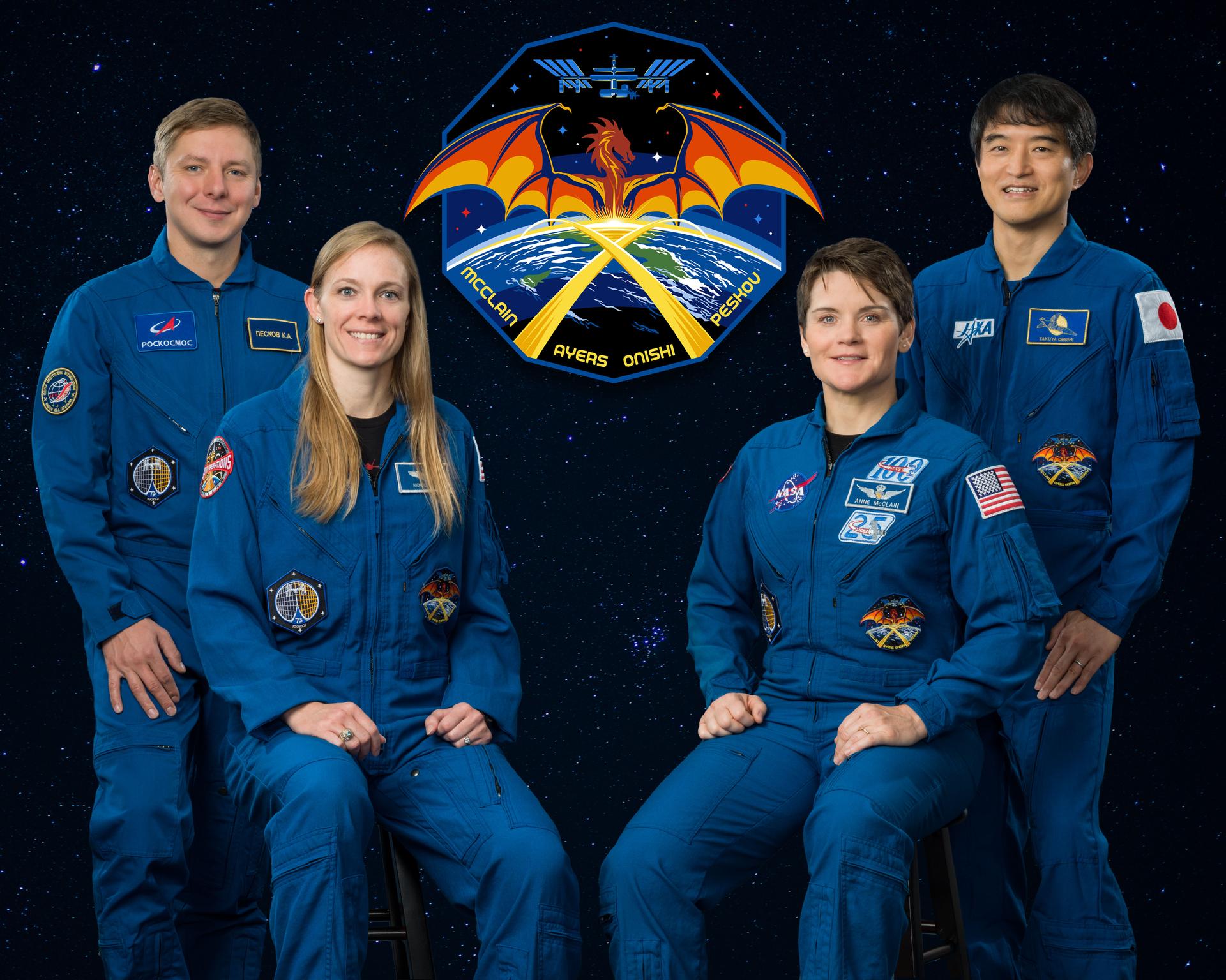 The official portrait of NASA's SpaceX Crew-10 members with (from left) Mission Specialist Kirill Peskov of Roscosmos; Pilot Nicole Ayers and Commander Anne McClain, both NASA astronauts; and Mission Specialist Takuya Onishi from JAXA (Japan Aerospace Exploration Agency).
