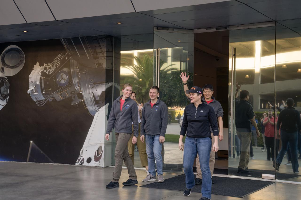 The crew members of NASA's SpaceX Crew-10 mission receive a sendoff at the SpaceX facility in Hawthorne, California ahead of their mission to the International Space Station. Credit: SpaceX