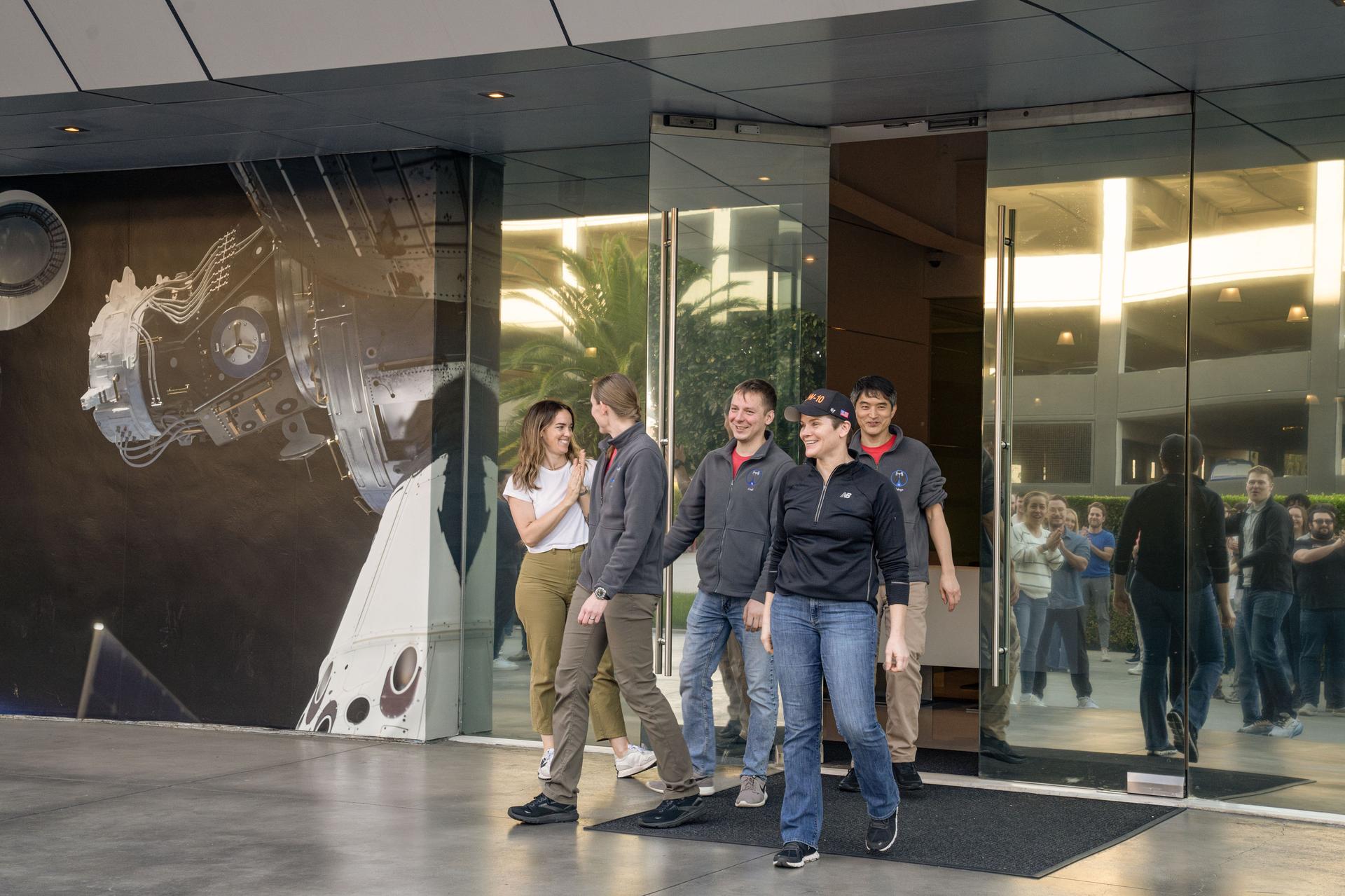 The crew members of NASA's SpaceX Crew-10 mission receive a sendoff at the SpaceX facility in Hawthorne, California ahead of their mission to the International Space Station.