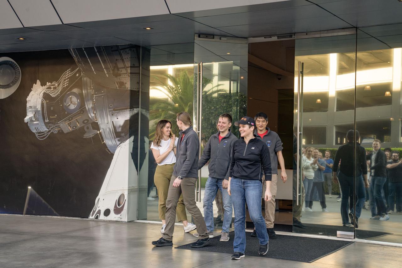 The crew members of NASA's SpaceX Crew-10 mission receive a sendoff at the SpaceX facility in Hawthorne, California ahead of their mission to the International Space Station. Credit: SpaceX