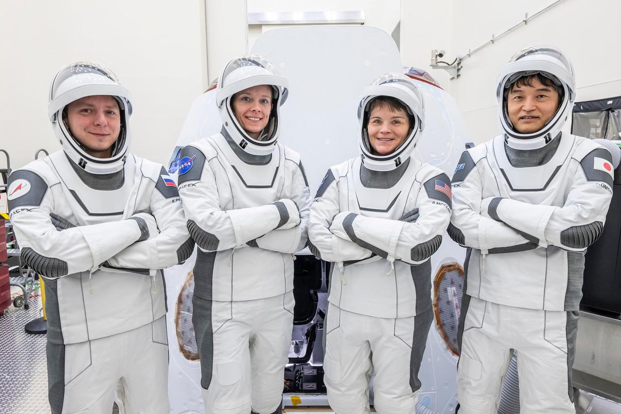jsc2025e012269 - (February 17, 2025) --- The crew members of NASA’s SpaceX Crew-10 mission (from left) mission specialist Kirill Peskov of Roscosmos, NASA astronauts Nichole Ayers, pilot, and Anne McClain, commander, along with Mission Specialist Takuya Onishi of JAXA (Japan Aerospace Exploration Agency), pose for a picture during training at NASA’s Kennedy Space Center in Florida.
