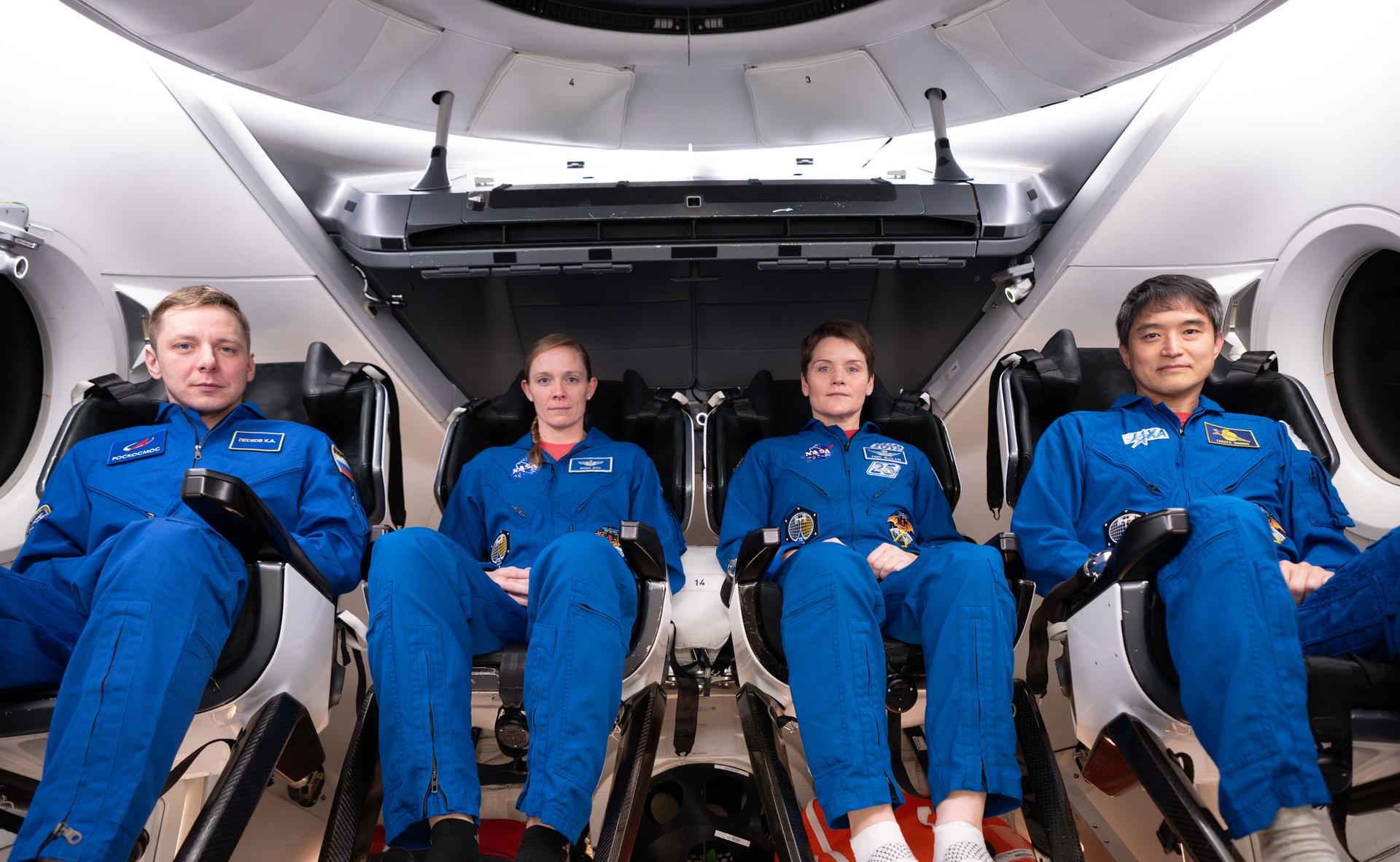 The crew of NASA’s SpaceX Crew-10 mission to the International Space Station poses for a photo during training at NASA’s Kennedy Space Center in Florida.