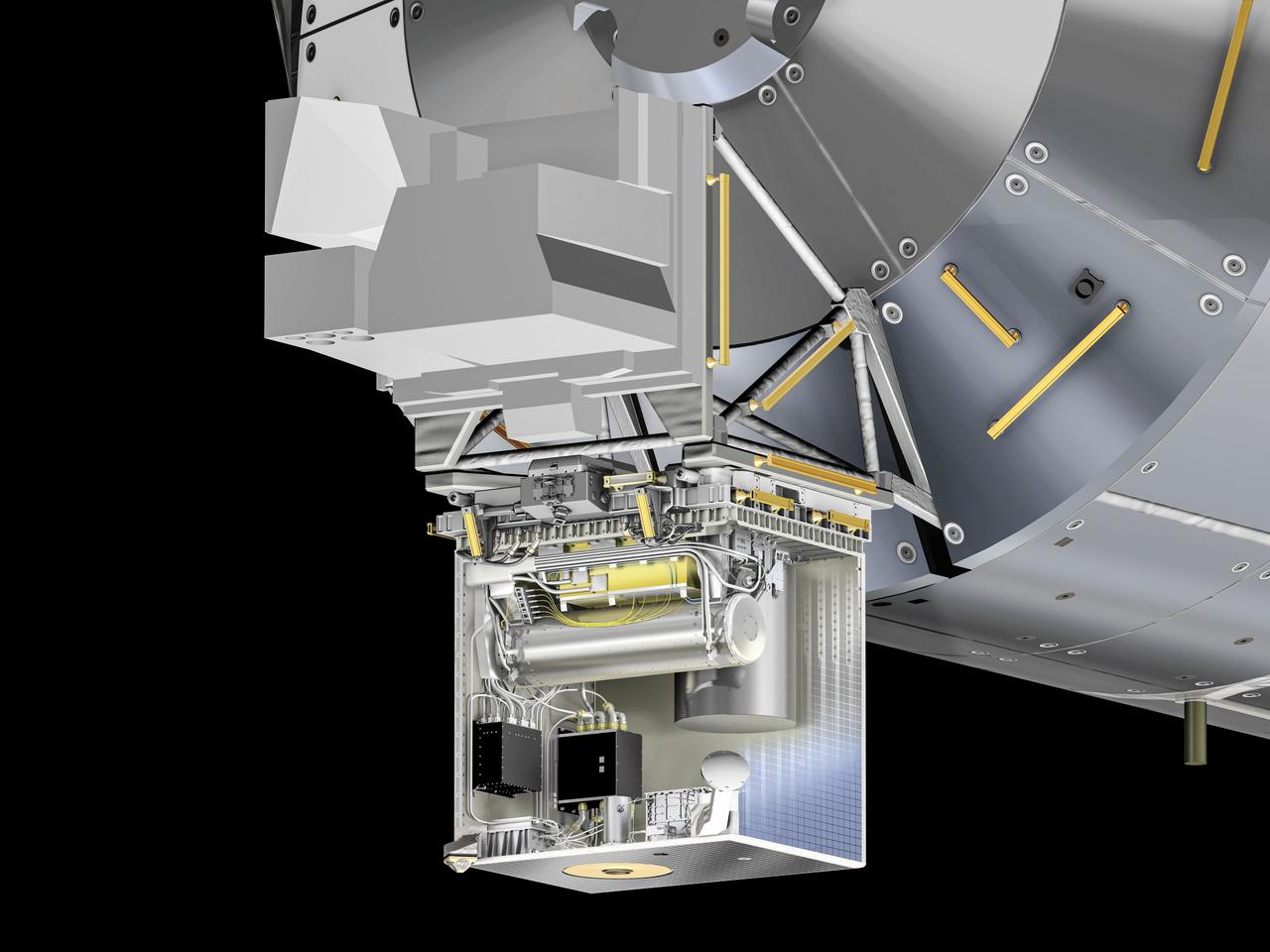 jsc2025e015681 (3/6/2025) --- The Atomic Clock Ensemble in Space (ACES) facility attached to the exterior of ESA's Columbus facility on the International Space Station. By creating a "network of clocks", this European facility can link its own highly precise timepieces with the most accurate clocks on Earth and compare them to measure the flow of time. ACES includes two cutting-edge clocks:  Project d'Horloge Atomique par Refroidissement d'Atomes en Orbit (PHARAO) and  Space Hydrogen Maser (SHM). The excellent stability of SHM over a one hour period, combined with the long-term stability and accuracy of PHARAO, provide timekeeping for ACES with a precision of one second over 300 million years. Once in space, a robotic arm positions ACES onto the Columbus module, where it will remain for 30 months to collect data. ACES aims to record continuous data over at least ten sessions of 25 days each.  By comparing clocks in space and on Earth, ACES can provide scientists with precise measurements to test Einstein’s gravitational time dilation effect, search for time variations of fundamental constants of physics, and hunt for dark matter. ACES is fully assembled at Airbus in Friedrichshafen, Germany. Image courtesy of D. Ducros (ESA).