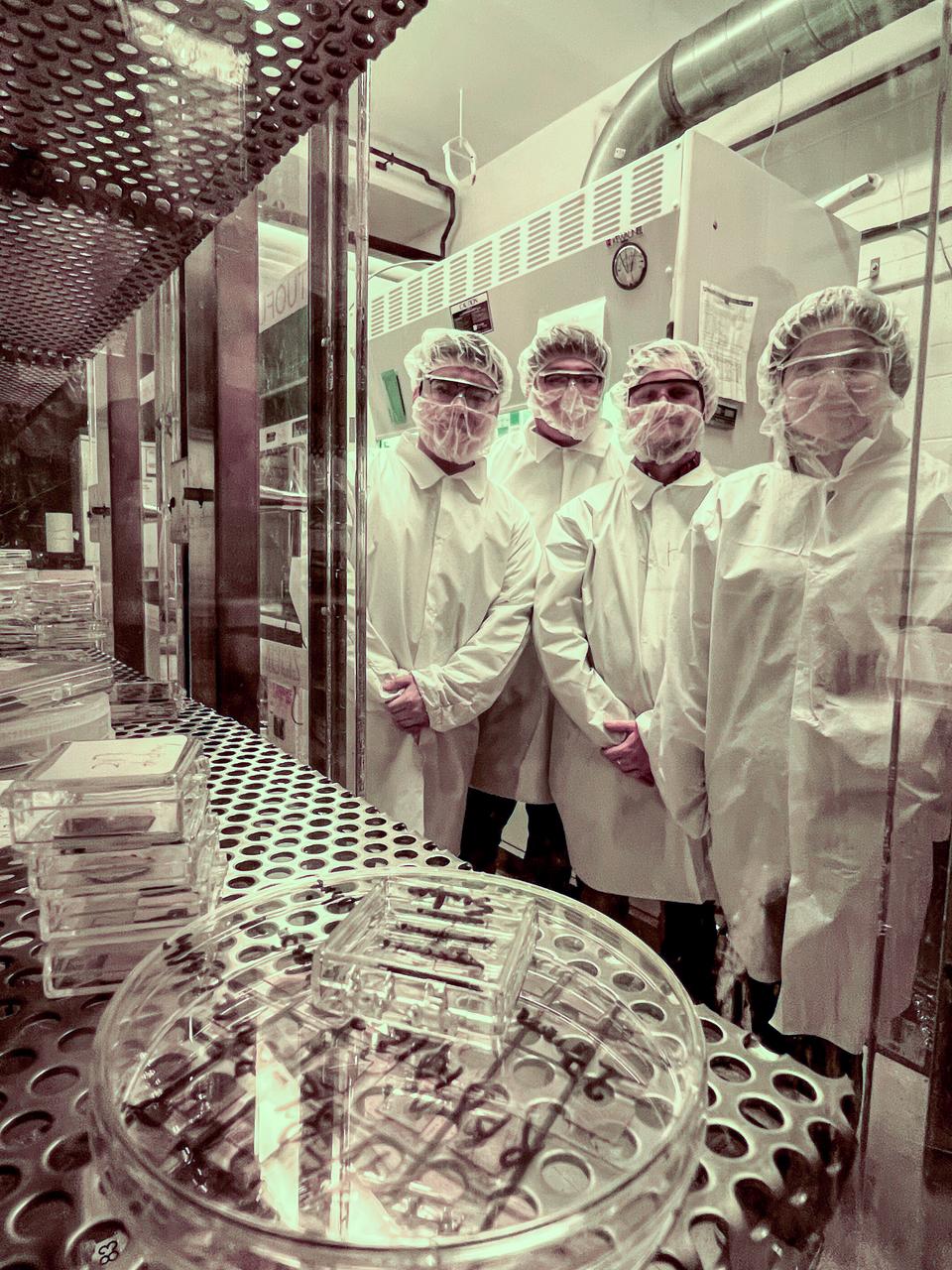 jsc2025e015684 (3/6/2025) --- The Radiation Harden GaN research team in the lithography room where patterning of transistors takes place. The High Performance Radiation Hardened GaN High Electron Mobility Transistors for Space Applications (Radiation Harden GaN) investigation studies how radiation affects a type of transistor used in the semiconductor industry. Researchers measure the performance of the devices before, during, and after flight to determine whether performance degrades. This could help determine how well the transistors can tolerate radiation in space. Image courtesy of Department of Electrical and Computer Engineering, University of Delaware.