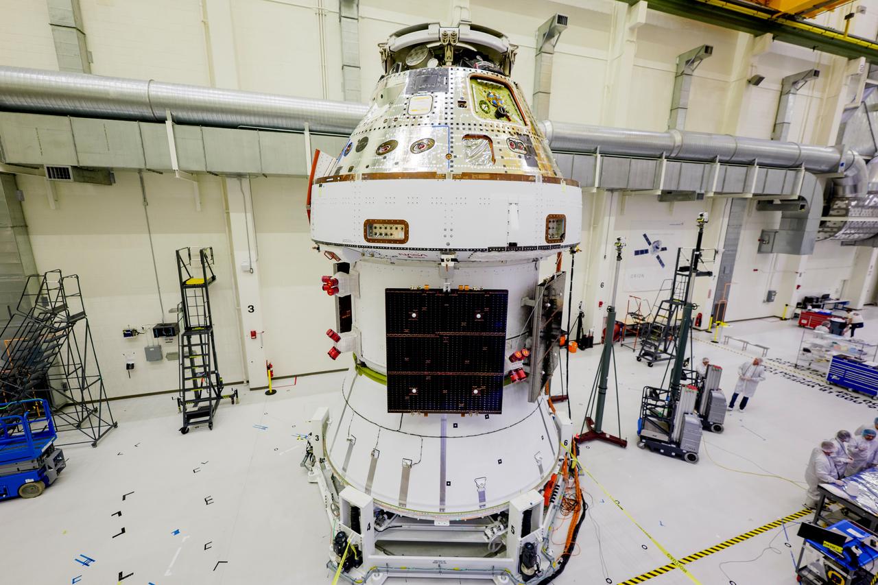 The four solar array wings for the Artemis II Orion spacecraft are installed inside the Operations and Checkout Building at NASA's Kennedy Space Center in Florida on March 7, 2025. Artemis II is Orion’s first crewed flight test around the Moon under the agency’s Artemis campaign.