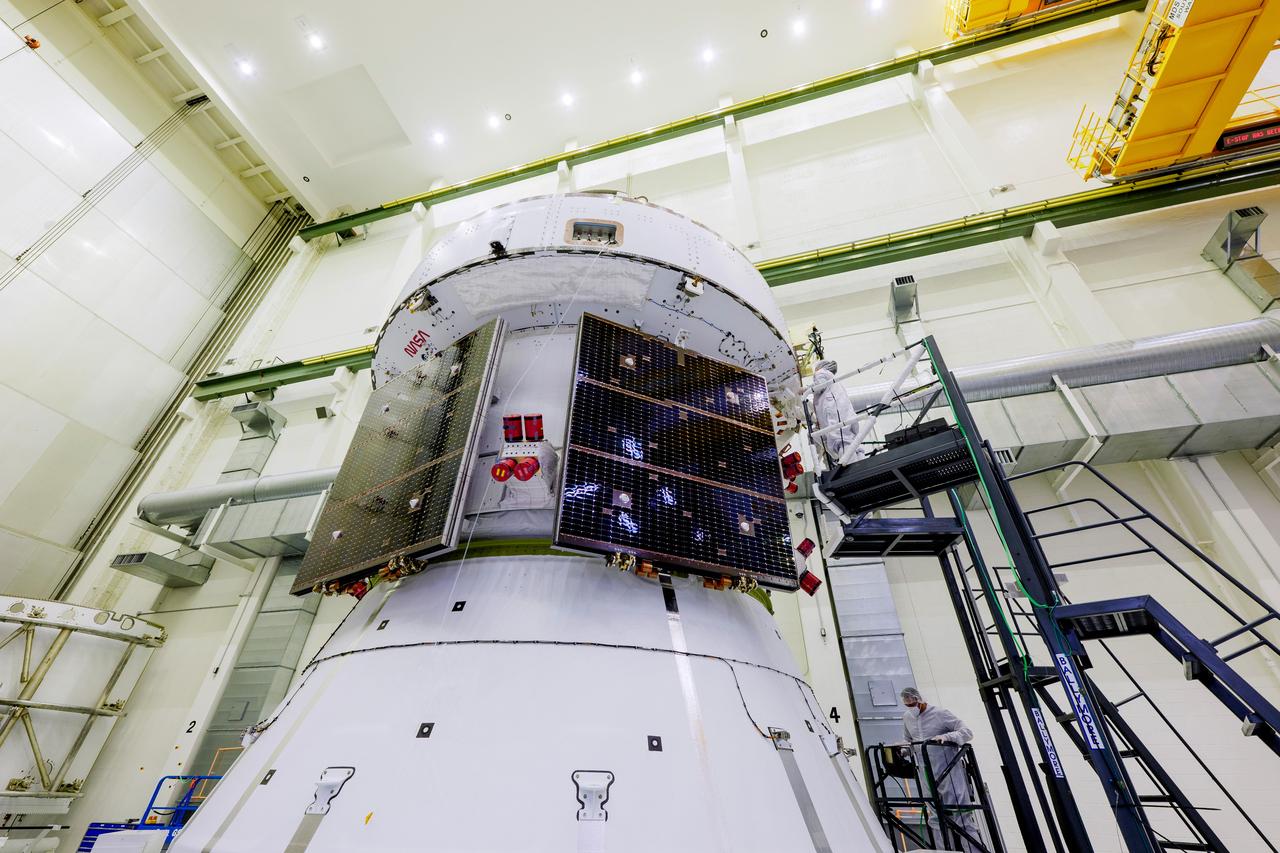 The four solar array wings for the Artemis II Orion spacecraft are installed inside the Operations and Checkout Building at NASA's Kennedy Space Center in Florida on March 7, 2025. Artemis II is Orion’s first crewed flight test around the Moon under the agency’s Artemis campaign.