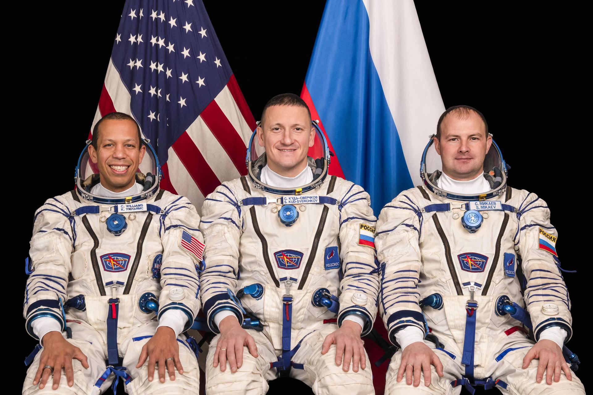 Soyuz MS-27 backup crew members (from left) NASA astronaut Chris Williams and Roscosmos cosmonauts Sergey Kud-Sverchkov and Sergey Mikaev pose for a portrait at the Gagarin Cosmonaut Training Center in Russia.