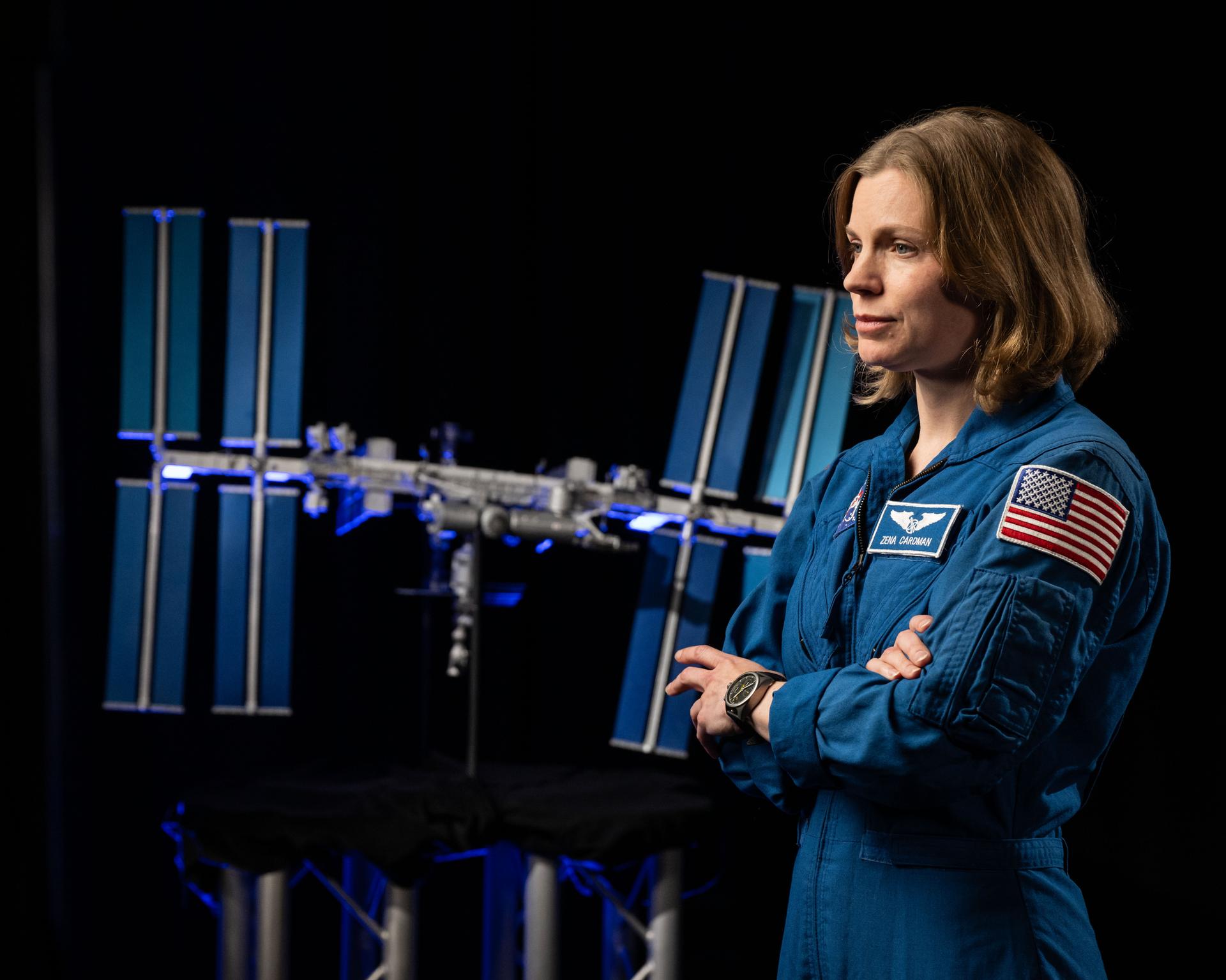 NASA astronaut and commander for NASA’s SpaceX Crew-11 mission Zena Cardman is photographed during an interview in a studio at NASA’s Johnson Space Center in Houston, Texas, before her upcoming mission to the International Space Station. Credit: NASA/Bill Stafford