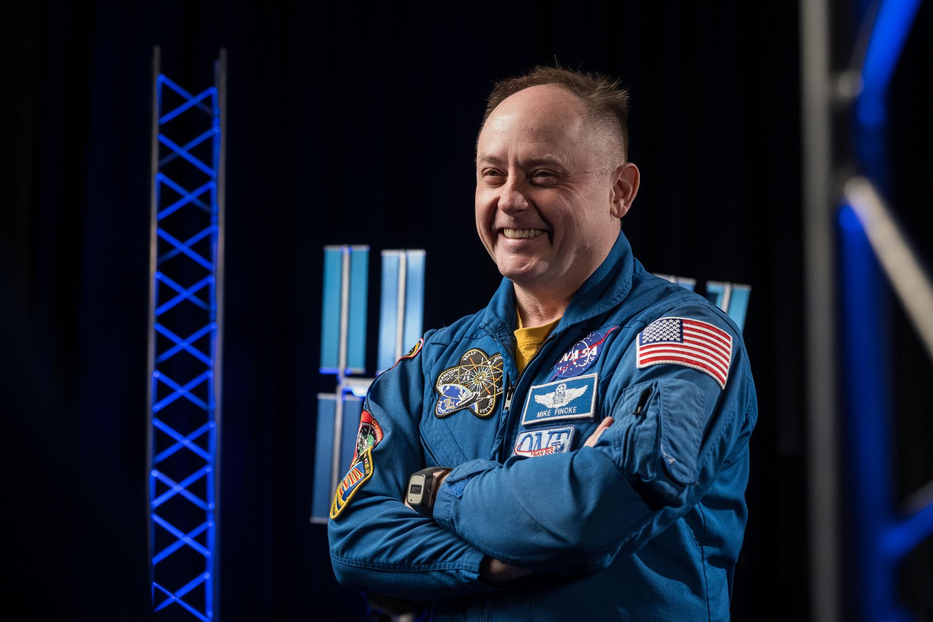 NASA astronaut and pilot for NASA’s SpaceX Crew-11 mission Mike Fincke is photographed during an interview in a studio at NASA’s Johnson Space Center in Houston, Texas, before his upcoming mission to the International Space Station. Credit: NASA/Helen Arase Vargas