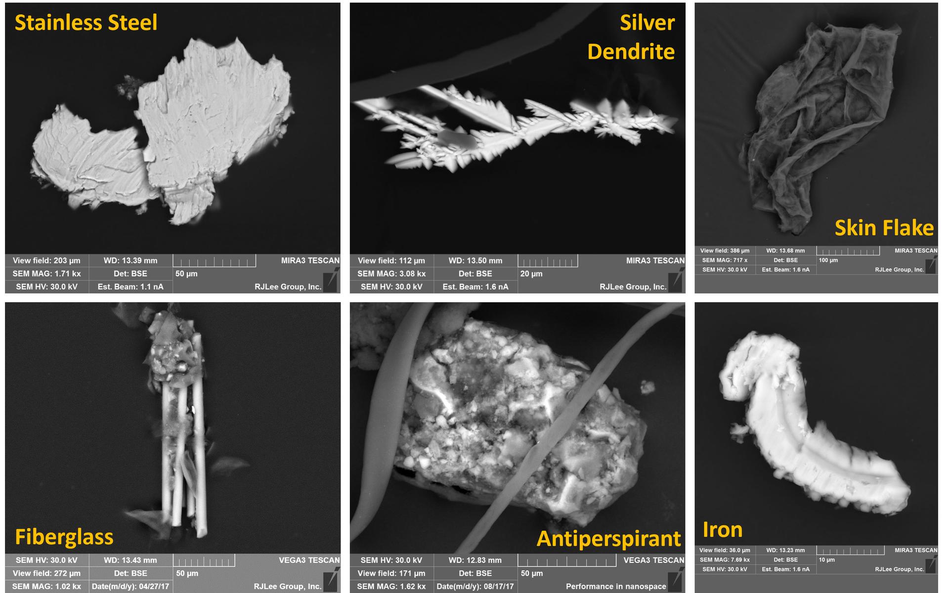 This collage shows airborne particles collected during the Space Station Aerosol Sampling experiment. The top row includes: a jagged stainless-steel particle; a spiky, crystalline silver particle; and a skin flake resembling crumpled fabric. The bottom row shows a rod-like fiberglass particle, an irregular rounded antiperspirant particle, and a slightly-curved iron particle.