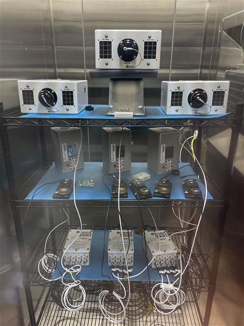 jsc2025e036187 (4/4/2025) ---  The Exploration Aerosol Monitors (ExAM) hardware in BioServe Space Technologies’ environmental chamber: the Moderated Aerosol Growth with Internal water Cycling (MAGIC) particle counter (x3; top), the OPto-electrical Realtime Aerosol classifier (OPERA, x3; middle, back), the Mobile Aerosol Reference Samplers (MARS, x5; middle, front); power supplies (bottom). Aerosol Monitors demonstrates technologies to continuously monitor the concentration of airborne pollutant particles, which must be kept within safe ranges, inside the International Space Station.