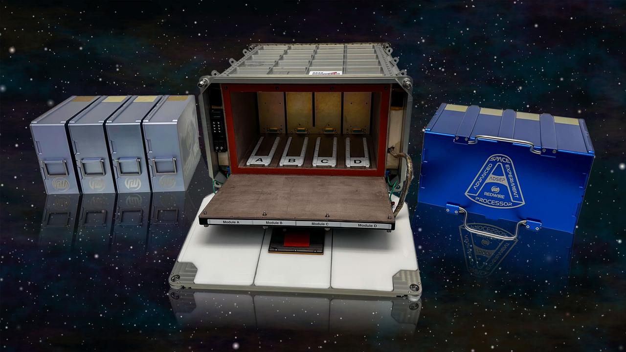 jsc2025e036385 (4/4/2025) --- A lineup of Redwire hardware. Left: Redwire’s in-space pharmaceutical manufacturing system (PIL-BOX) system are chambers that allow crystal growth in small batches. Middle: The Redwire Advanced Space Experiment Processor (ADSEP) in an open configuration onto which either the PIL-BOX or ICC can be installed. Right: The Redwire Industrial Crystallization Cassette (ICC), a facility capable of larger quantities of crystal growth than the PIL-BOX. The ADSEP Industrial Crystallization Cassette Technology Demonstration (ADSEP-ICC) investigation validates the ICC’s capability to grow large quantities of crystals in its high-volume crystal growth chambers aboard the International Space Station. Image courtesy of Redwire.