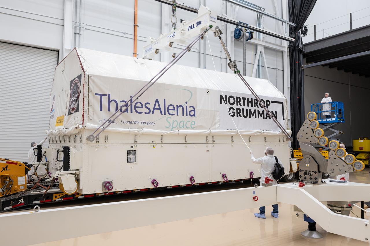 At Northrop Grumman’s Gilbert, Arizona, facility, teams begin removing Gateway’s HALO (Habitation and Logistics Outpost) from its transport container. HALO arrived from Turin, Italy, where Thales Alenia Space fabricated its primary structure. The module will undergo final outfitting in Gilbert before being integrated with the Power and Propulsion Element and launched to lunar orbit.