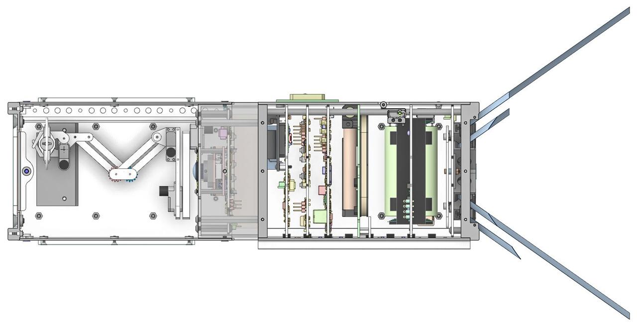 jsc2025e039324 (4/17/2025) --- Graphic of the Foras Promineo CubeSat cutaway view is seen. The Foras Promineo CubeSat engages the public with space technology by allowing individuals to control a robot arm to grasp free-floating objects inside the satellite. Image courtesy of Sierra Lobo.