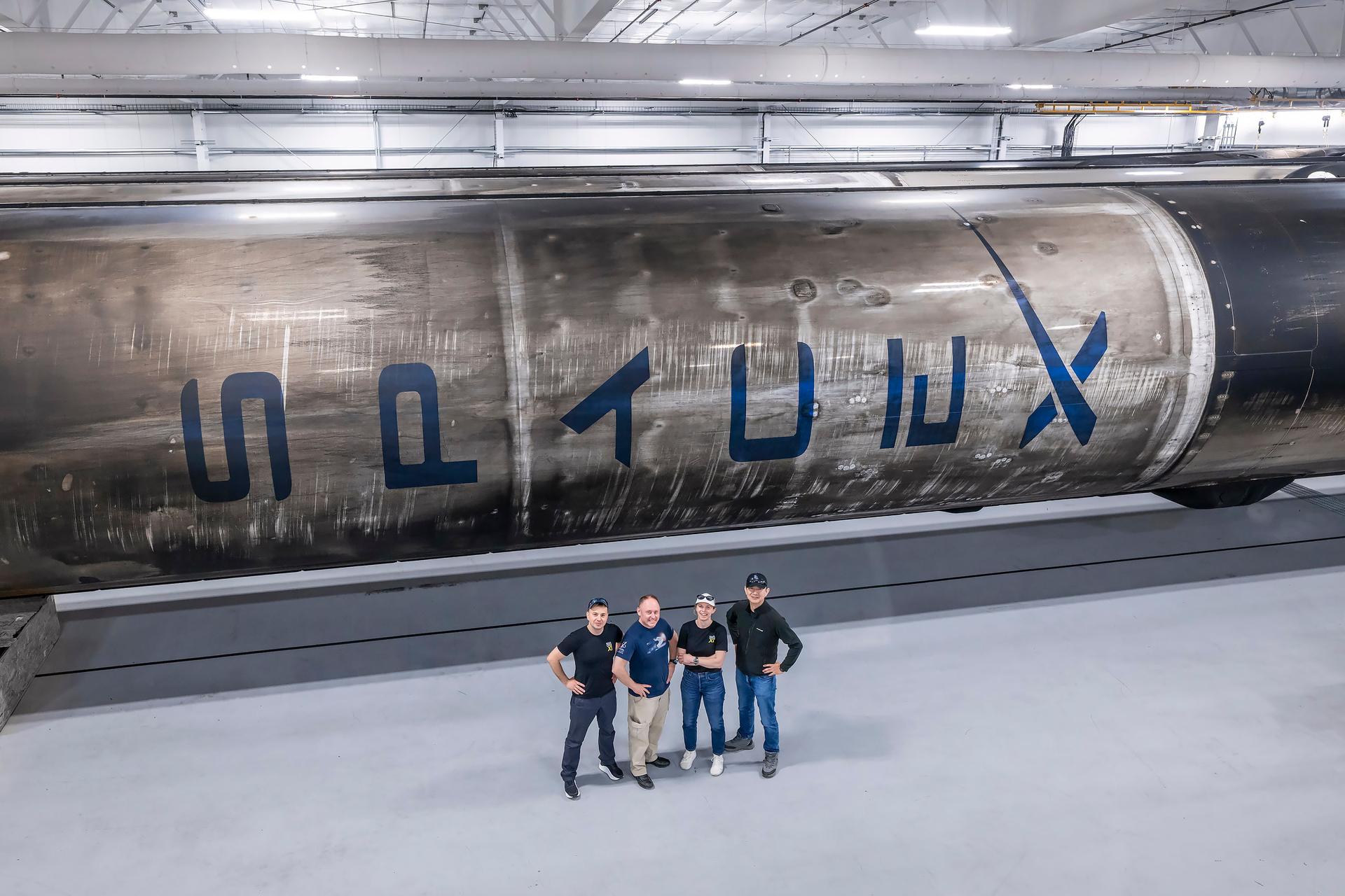 The four crew members of NASA's SpaceX Crew-11 mission to the International Space Station are pictured inside SpaceX’s Hangar X at NASA's Kennedy Space Center in Florida. From left to right: Roscosmos cosmonaut Oleg Platonov, NASA astronauts Mike Fincke and Zena Cardman, and JAXA astronaut Kimiya Yui. Credit: SpaceX