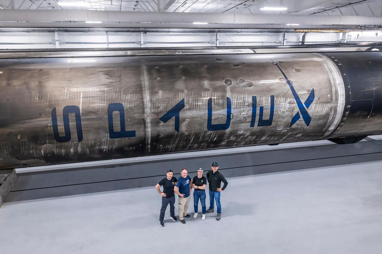 jsc2025e041094 (April 11, 2025) --- The four crew members of NASA's SpaceX Crew-11 mission to the International Space Station are pictured inside SpaceX’s Hangar X at NASA's Kennedy Space Center in Florida. From left to right: Roscosmos cosmonaut Oleg Platonov, NASA astronauts Mike Fincke and Zena Cardman, and JAXA astronaut Kimiya Yui.