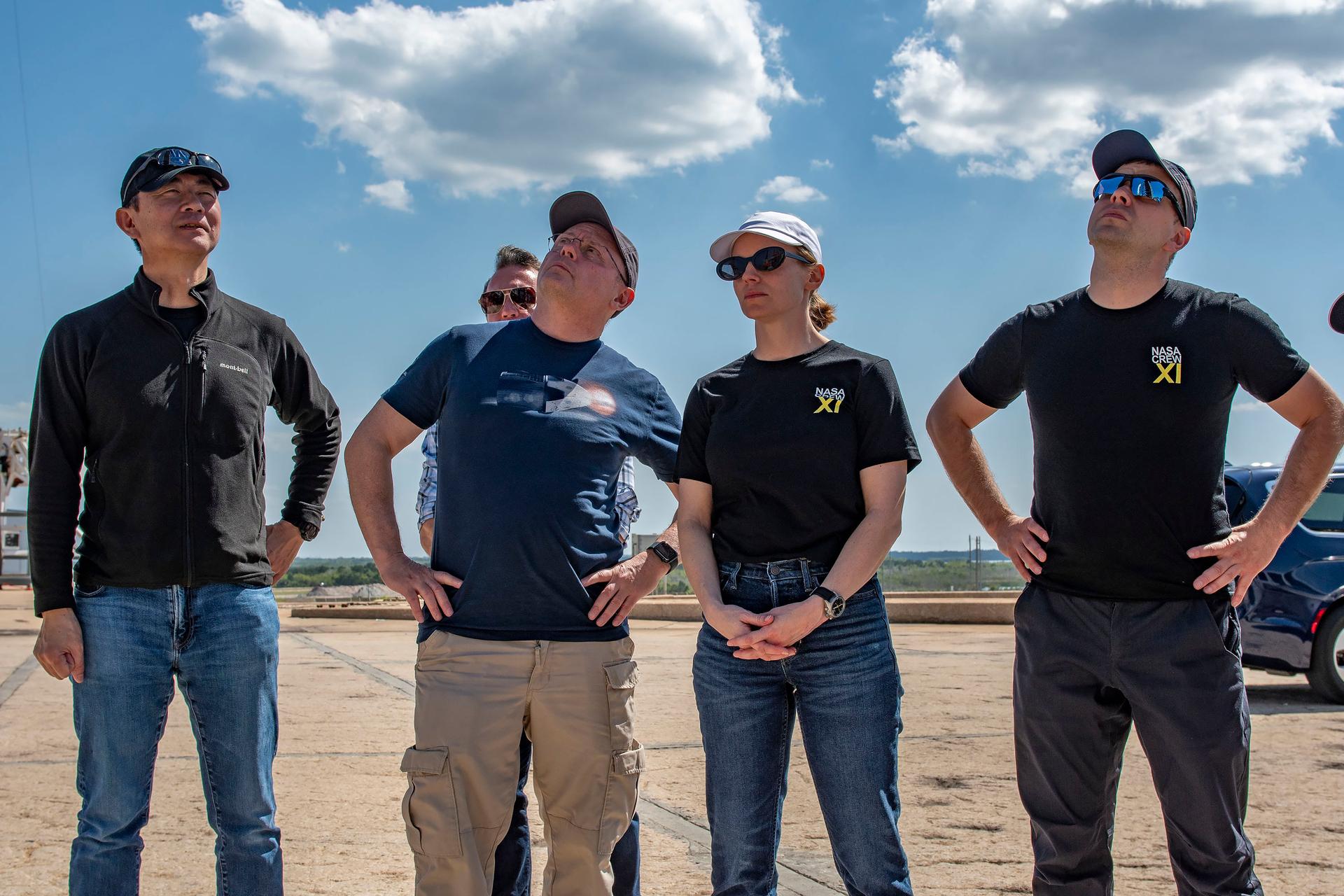 NASA’s SpaceX Crew-11 crew participates in a training session at Launch Complex 39A at NASA’s Kennedy Space Center in Florida. From left to right: JAXA astronaut Kimiya Yui, NASA astronauts Mike Fincke and Zena Cardman, and Roscosmos cosmonaut Oleg Platonov.