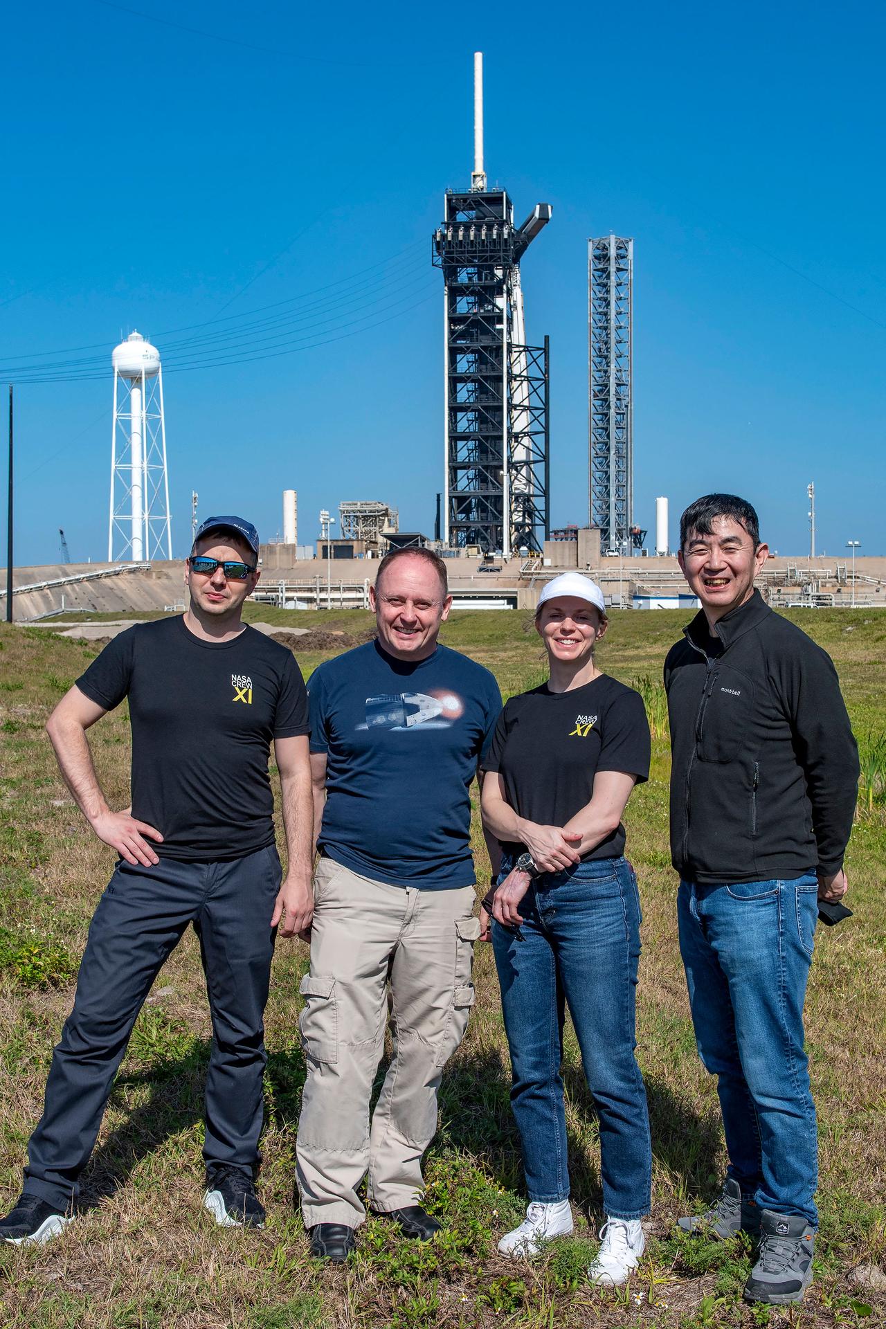 NASA’s SpaceX Crew-11 crew poses for a group picture during a training session at Launch Complex 39A at NASA’s Kennedy Space Center in Florida. From left to right: Roscosmos cosmonaut Oleg Platonov, NASA astronauts Mike Fincke and Zena Cardman, and JAXA astronaut Kimiya Yui.
