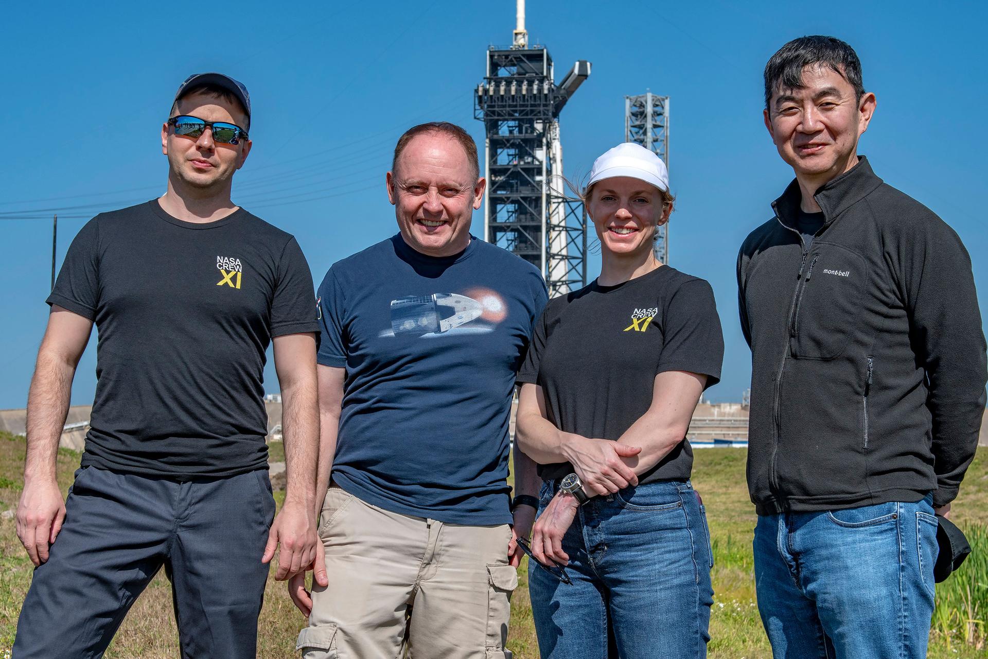 NASA’s SpaceX Crew-11 crew poses for a group picture during a training session at Launch Complex 39A at NASA’s Kennedy Space Center in Florida. From left to right: Roscosmos cosmonaut Oleg Platonov, NASA astronauts Mike Fincke and Zena Cardman, and JAXA astronaut Kimiya Yui.