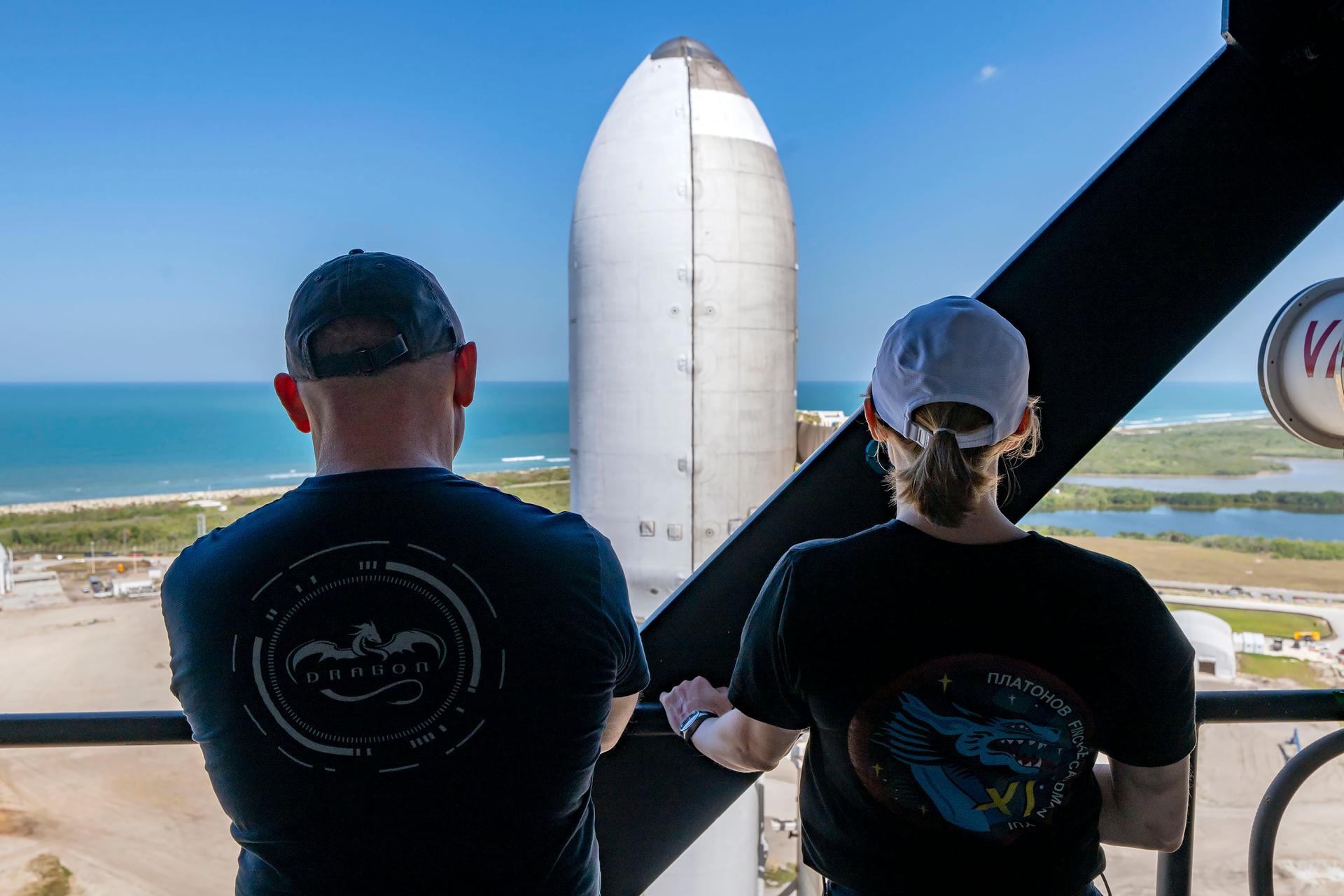 NASA astronauts Mike Fincke (left) and Zena Cardman (right), the pilot and commander of NASA’s SpaceX Crew-11 mission to the International Space Station, are pictured during a training session at Launch Complex 39A at NASA’s Kennedy Space Center in Florida.