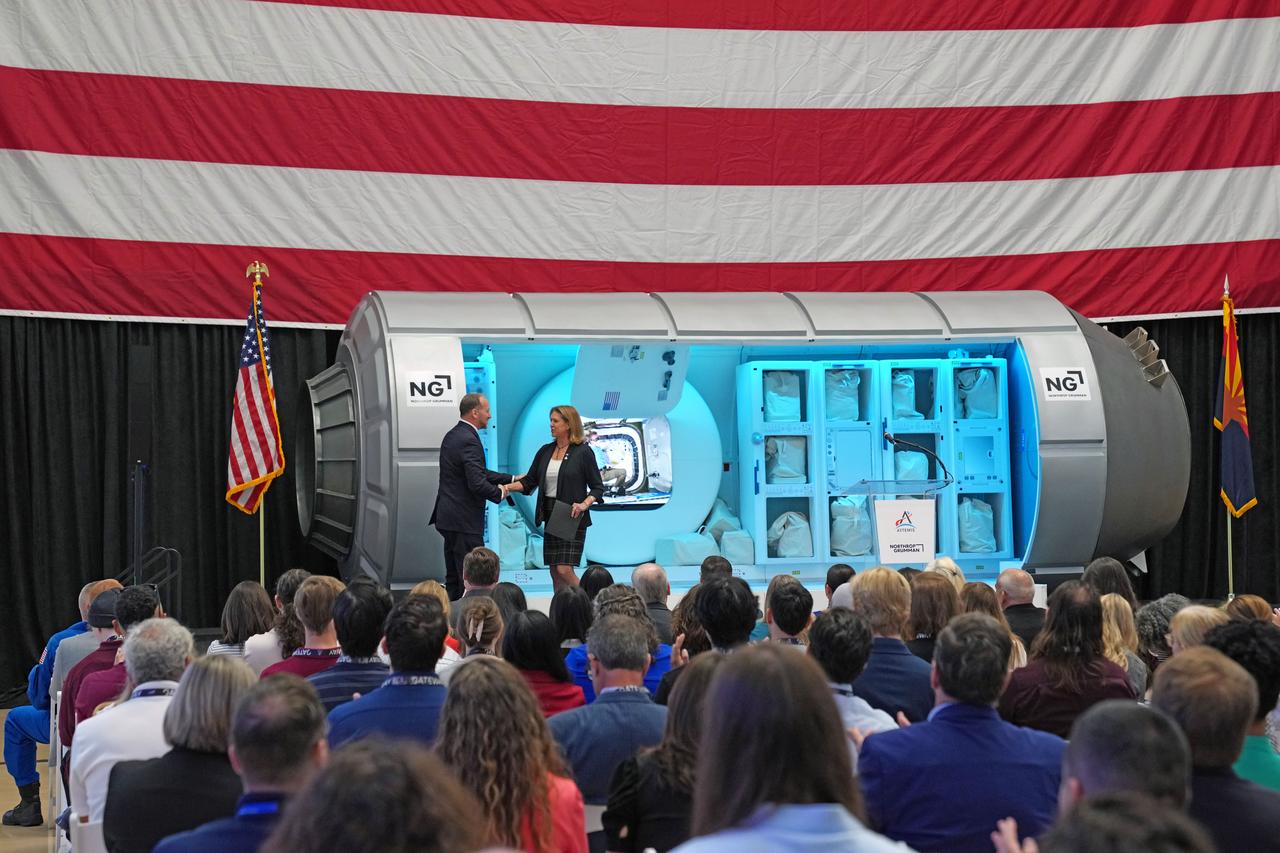 Dr. Lori Glaze, acting associate administrator for NASA’s Exploration Systems Development Mission Directorate, and Dr. Jon B. Olansen, Gateway Program manager, on stage during an April 24, 2025, event at Northrop Grumman’s facility in Gilbert, Arizona, commemorating HALO’s arrival in the United States.