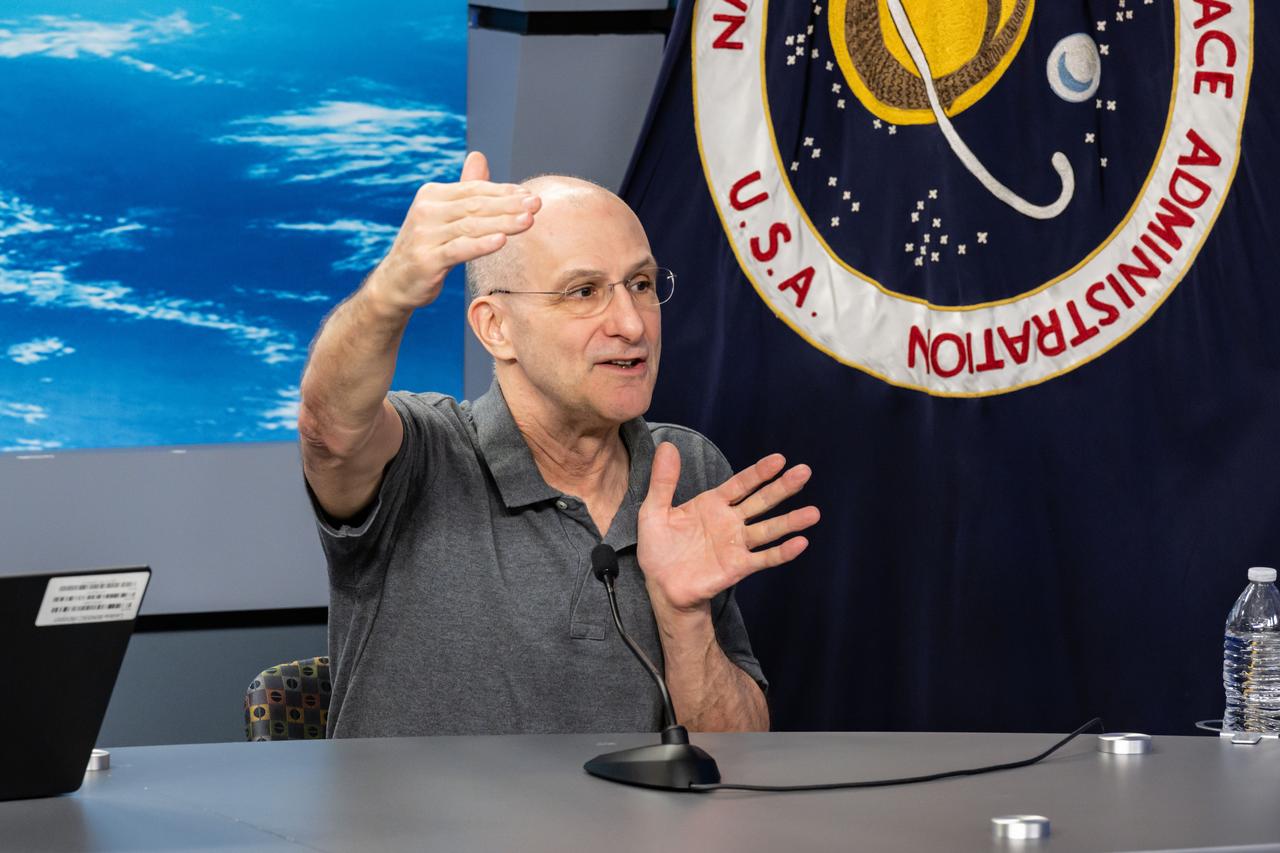 jsc2025e041765 (April 28, 2025) --- NASA astronaut Don Pettit participates in a news conference at NASA's Johnson Space Center in Houston, Texas. He discussed his mission aboard the International Space Station where he lived and worked for 220 days as an Expedition 72 Flight Engineer.