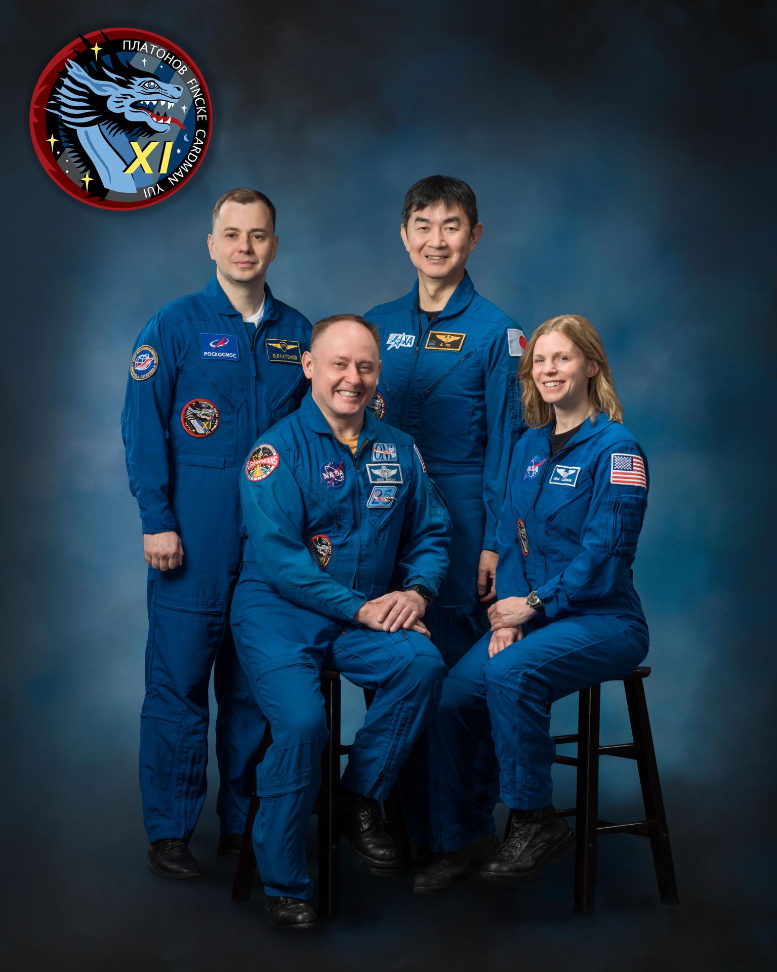 The official crew portrait of NASA's SpaceX Crew-11 members. Front row, from left, are Pilot Mike Fincke and Commander Zena Cardman, both NASA astronauts. In the back from left, are Mission Specialists Oleg Platonov of Roscosmos and Kimiya Yui of JAXA (Japan Aerospace Exporation Agency).