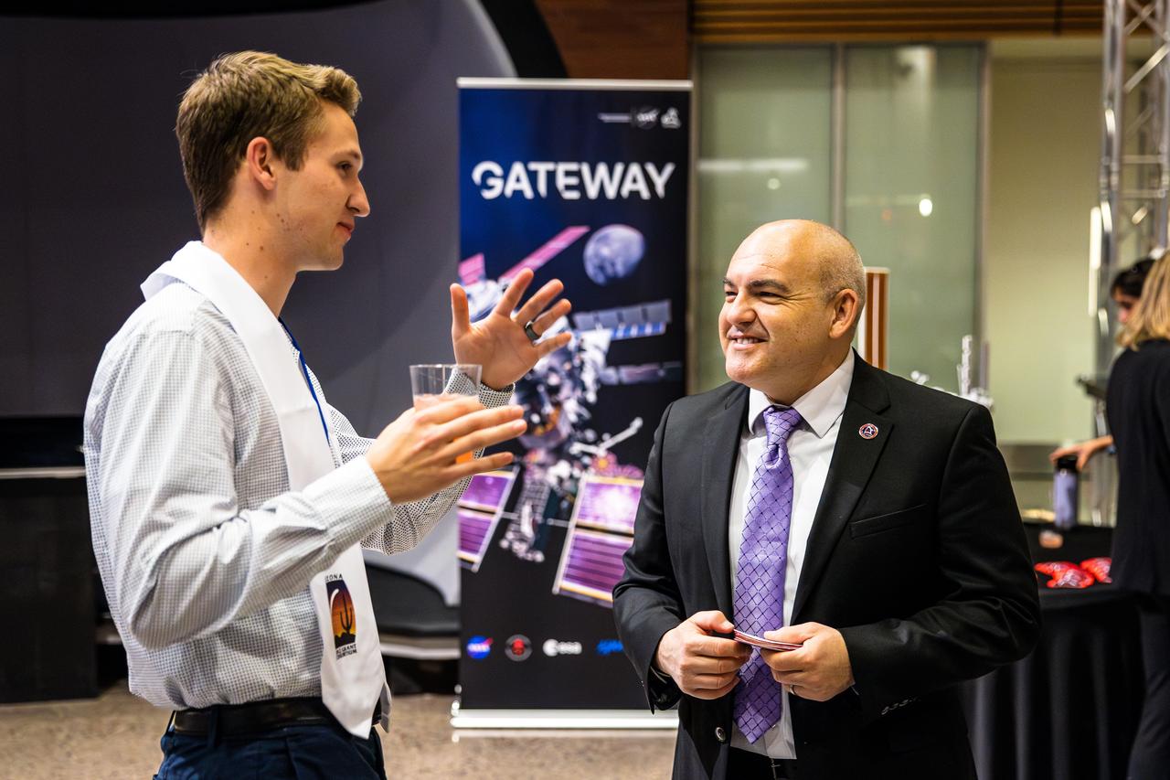 Carlos Garcia-Galan, deputy manager of NASA’s Gateway Program, talks with college students about NASA internship opportunities after delivering a keynote address on Gateway, Artemis, and the next era of human space exploration at the 2025 Arizona NASA Space Grant Consortium Statewide Student Research Symposium, held April 18, 2025, at Arizona State University.