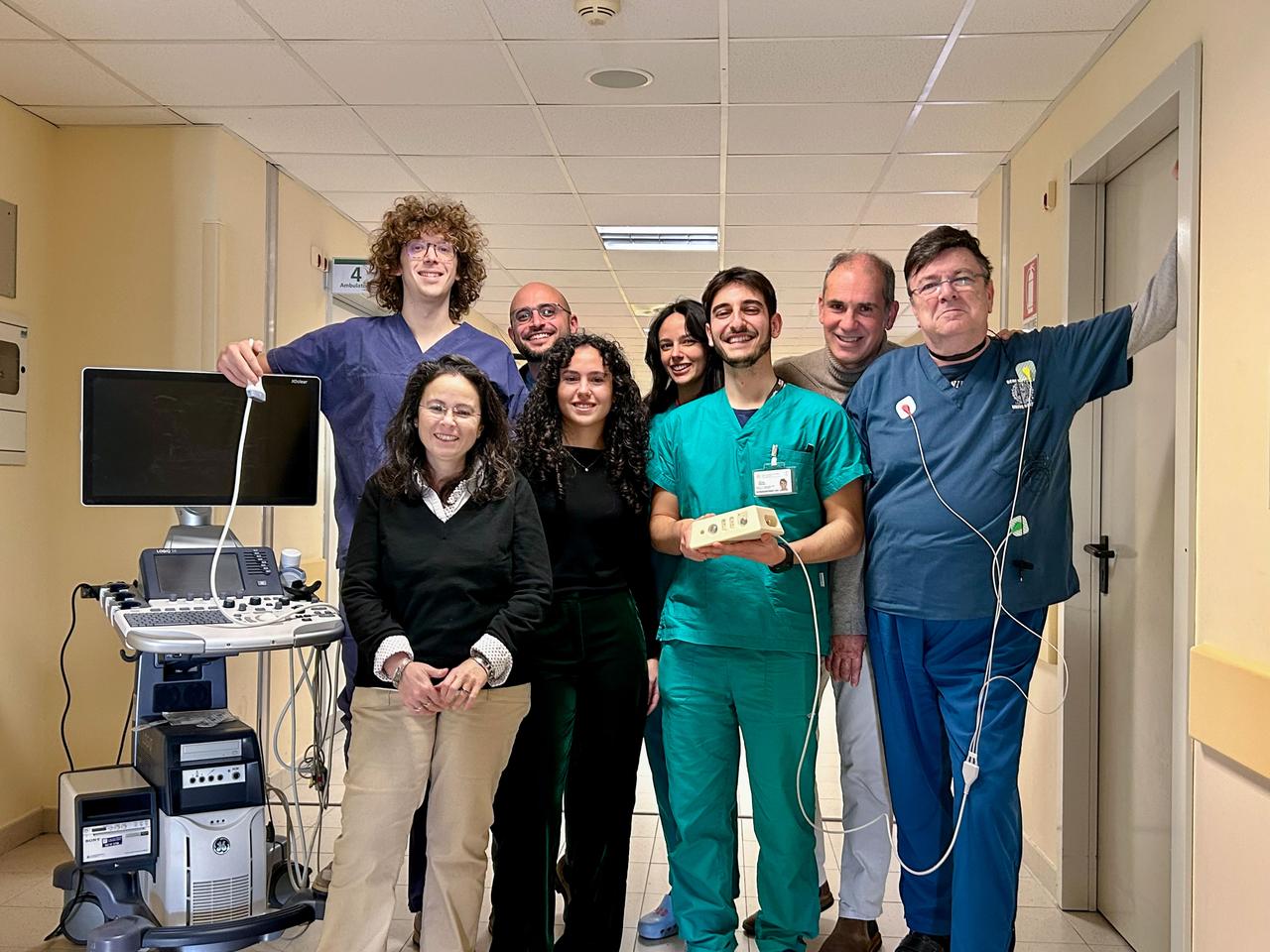 jsc2025e057712 (1/10/2025) --- DrainBrain 2.0 examines how blood flows from the brain to the heart in microgravity. Results could help researchers identify which processes in the body compensate for the lack of gravity, helping to ensure proper blood flow for astronauts and people with cardiovascular issues on Earth. This photo shows the University of Ferrara/Italian Space Agency (ASI) research team, left to right, Anselmo Pagani, Rosa Brancaccio, Antonino Proto, Chiara Marchesin, Ilaria Manfrini, Bruno Soggia, Angelo Taibi, and Principal Investigator Paolo Zamboni.