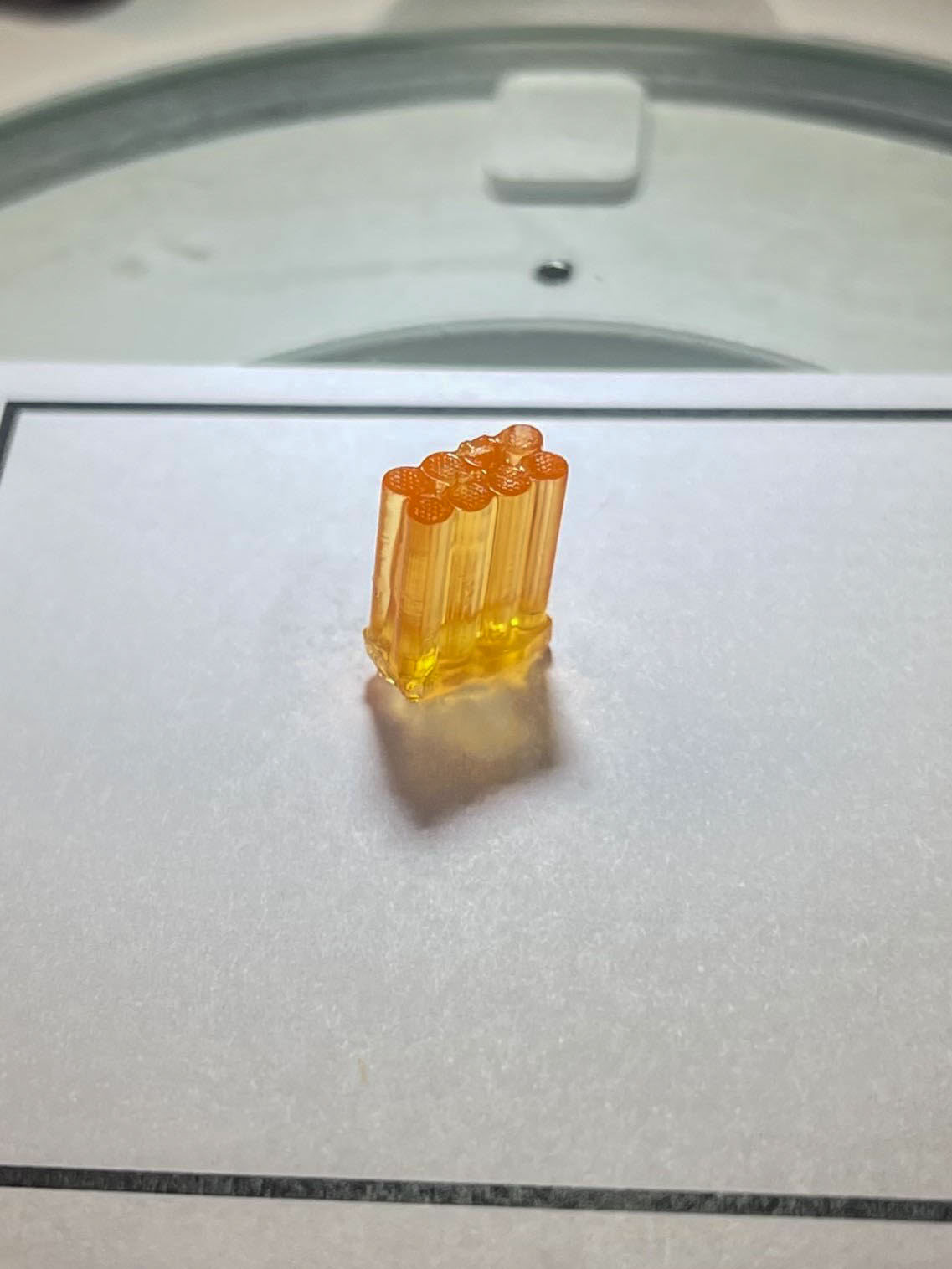 Eight translucent orange cylinders that look a bit like gummy candies are attached to each other in two rows of four and sitting on a white surface.
