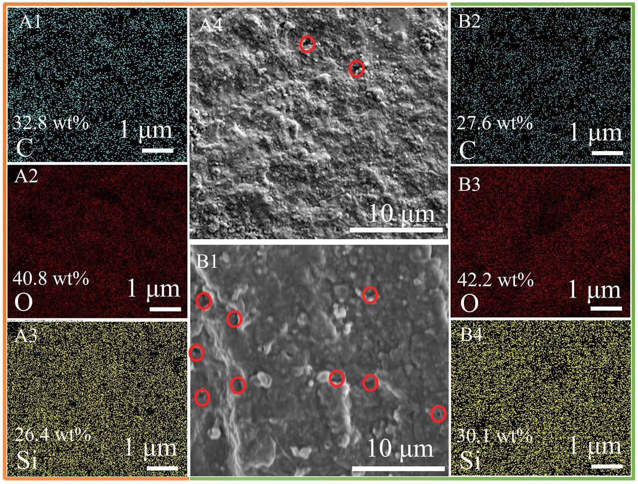 jsc2025e064333 (5/31/2024) --- Scanning electron microscope (SEM) image graphs and elemental mappings of the samples pyrolyzed at 1200 oC in the Ar (A1-A4) and microgravity (B1-B4). (The red circles in the SEM images represent obvious pores).
