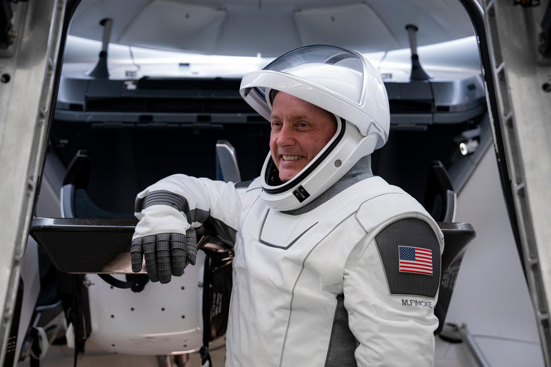 NASA’s SpaceX Crew-11 pilot and NASA astronaut Mike Fincke poses for a photo during a training session at SpaceX facilities in Hawthorne, California.