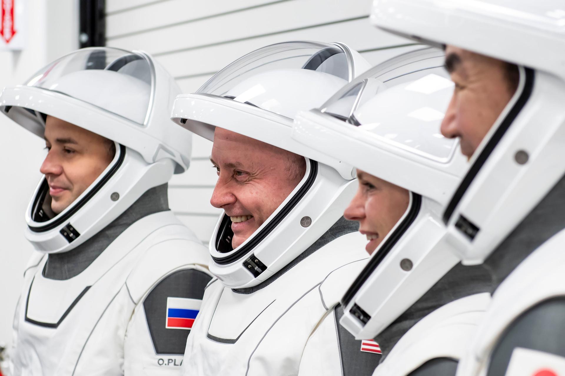 The crew of NASA’s SpaceX Crew-11 mission train for their upcoming trip to the International Space Station at SpaceX facilities in Florida. From left: Oleg Platonov, Mike Fincke, Zena Cardman, and Kimiya Yui.