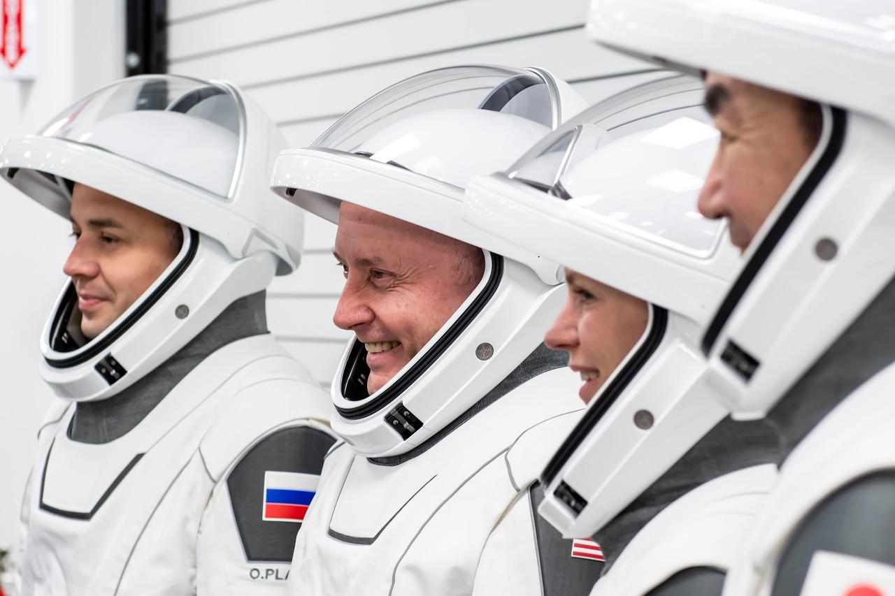 jsc2025e064544 (July 3, 2025) --- The crew of NASA’s SpaceX Crew-11 mission train for their upcoming trip to the International Space Station at SpaceX facilities in Florida. From left: Oleg Platonov, Mike Fincke, Zena Cardman, and Kimiya Yui. Credit: SpaceX