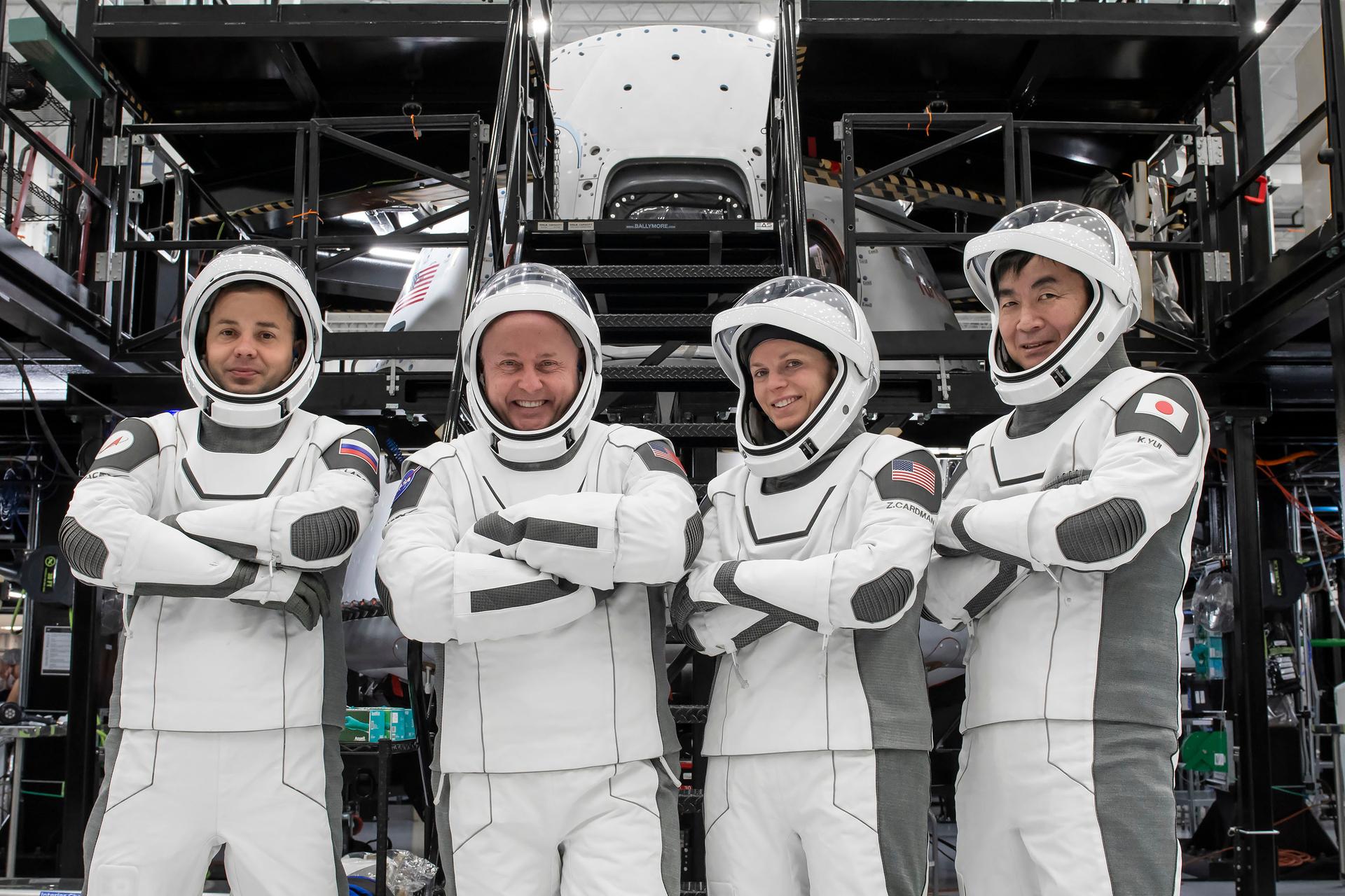 The crew of NASA’s SpaceX Crew-11 mission pose for a photo during a training session for their upcoming trip to the International Space Station at SpaceX facilities in Florida. From left: Oleg Platonov, Mike Fincke, Zena Cardman, and Kimiya Yui.