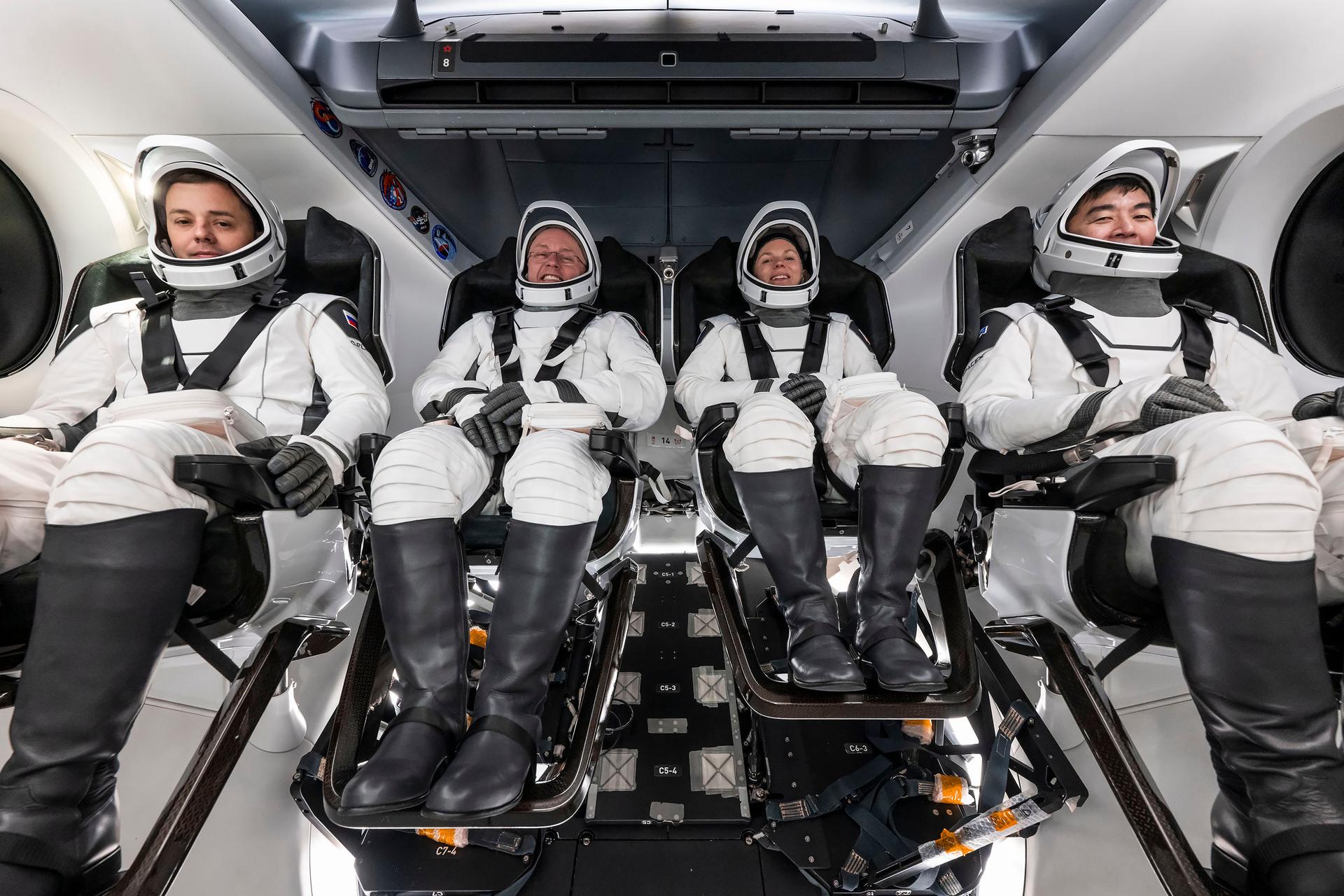 The crew of NASA’s SpaceX Crew-11 mission train for their upcoming trip to the International Space Station at SpaceX facilities in Florida. From left: Oleg Platonov, Mike Fincke, Zena Cardman, and Kimiya Yui.