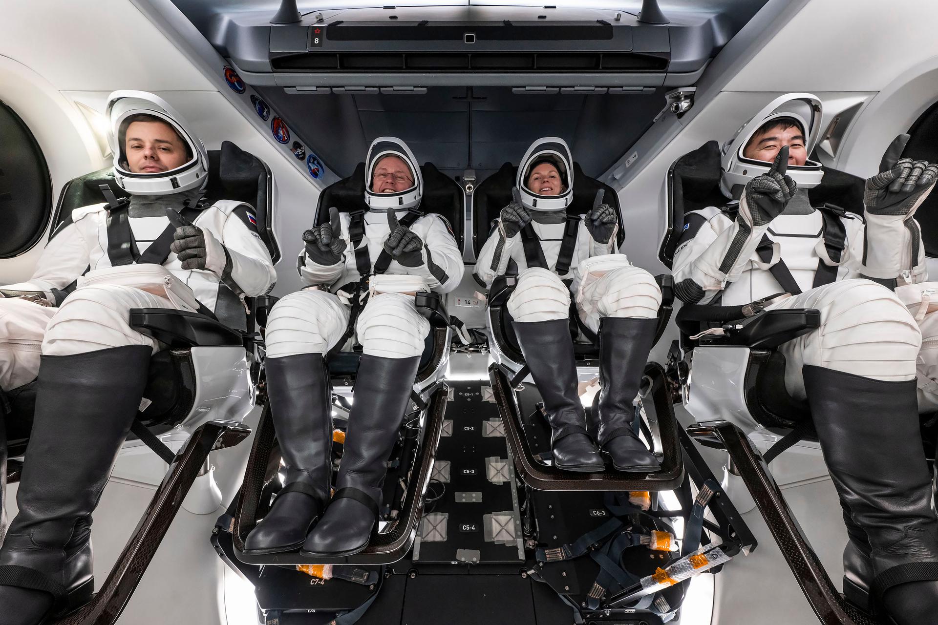 The crew of NASA’s SpaceX Crew-11 mission train for their upcoming trip to the International Space Station at SpaceX facilities in Florida. From left: Oleg Platonov, Mike Fincke, Zena Cardman, and Kimiya Yui.