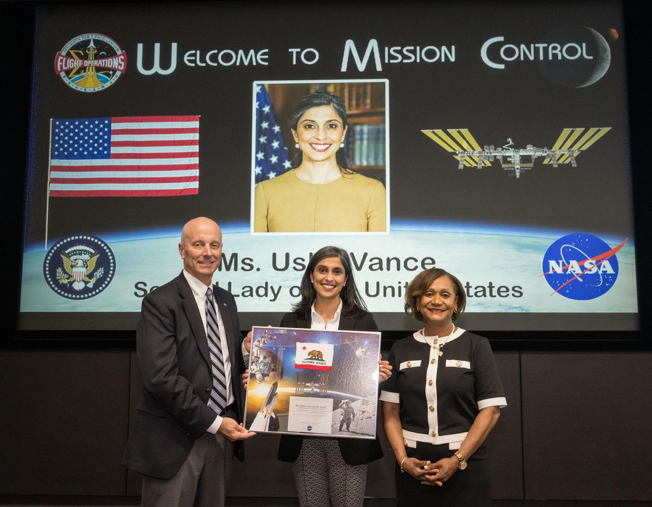 jsc2025e06704 (August 4, 2025) --- Second Lady Usha Vance interacts with a group of children as they were participating in group activities as part of the Summer Reading Challenge event at NASA’s Johnson Space Center. Photo Credit: NASA/James Blair