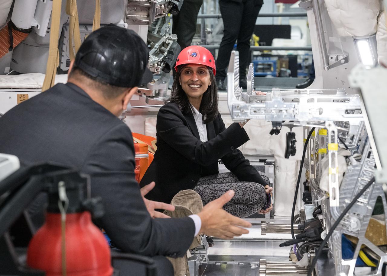 Second Lady Usha Vance tours the Johnson Space Center Mockup Facility and gets an inside look at the Orion capsule mockup. Photo Credit: NASA/James Blair