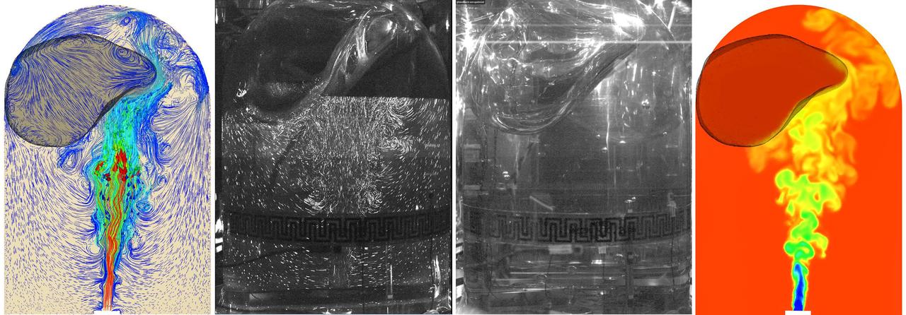 jsc2025e067419 (8/5/2025) --- Validation of model predictions of fluid flow in a spherical tank in microgravity for the ZBOT-1 experiment. On the left, a model of the position of unfilled space and deformation and flow of the liquid structures (colored image) and an image of the actual flow. On the right, a captured image of deformation of the unfilled space and a colored model of temperature contours during mixing. Credit: Case Western Reserve University