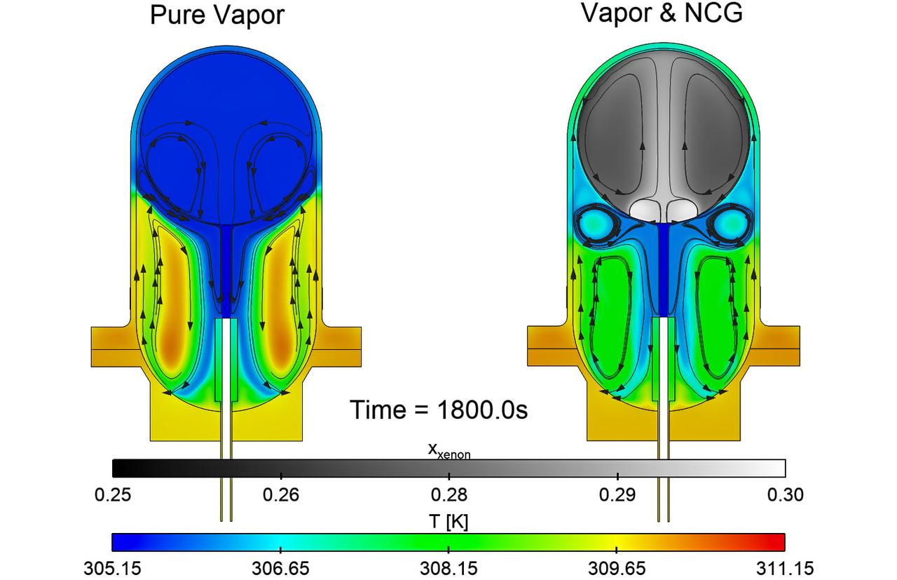 jsc2025e067420 (8/5/2025) --- Simulations of the effects of noncondensable gas on the flow and thermal structures that develop in a fuel tank in microgravity for the ZBOT-NC investigation. On the left, simulation of a tank with pure fluid and on the right, one with a fluid and gas. Credit: Case Western Reserve University