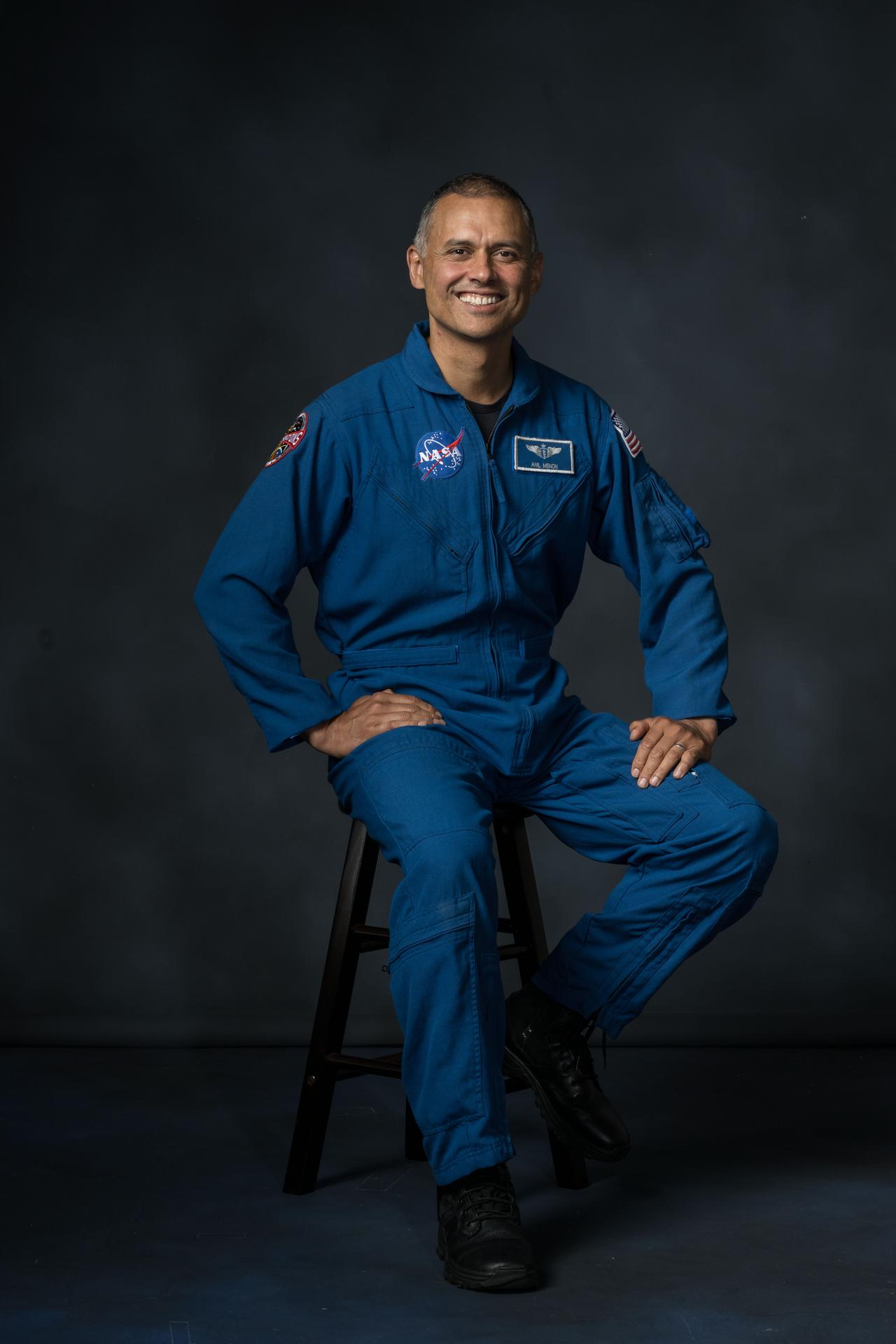 NASA astronaut and Expedition 75 flight engineer Anil Menon poses for a preflight portrait at NASA's Johnson Space Center in Houston, Texas.