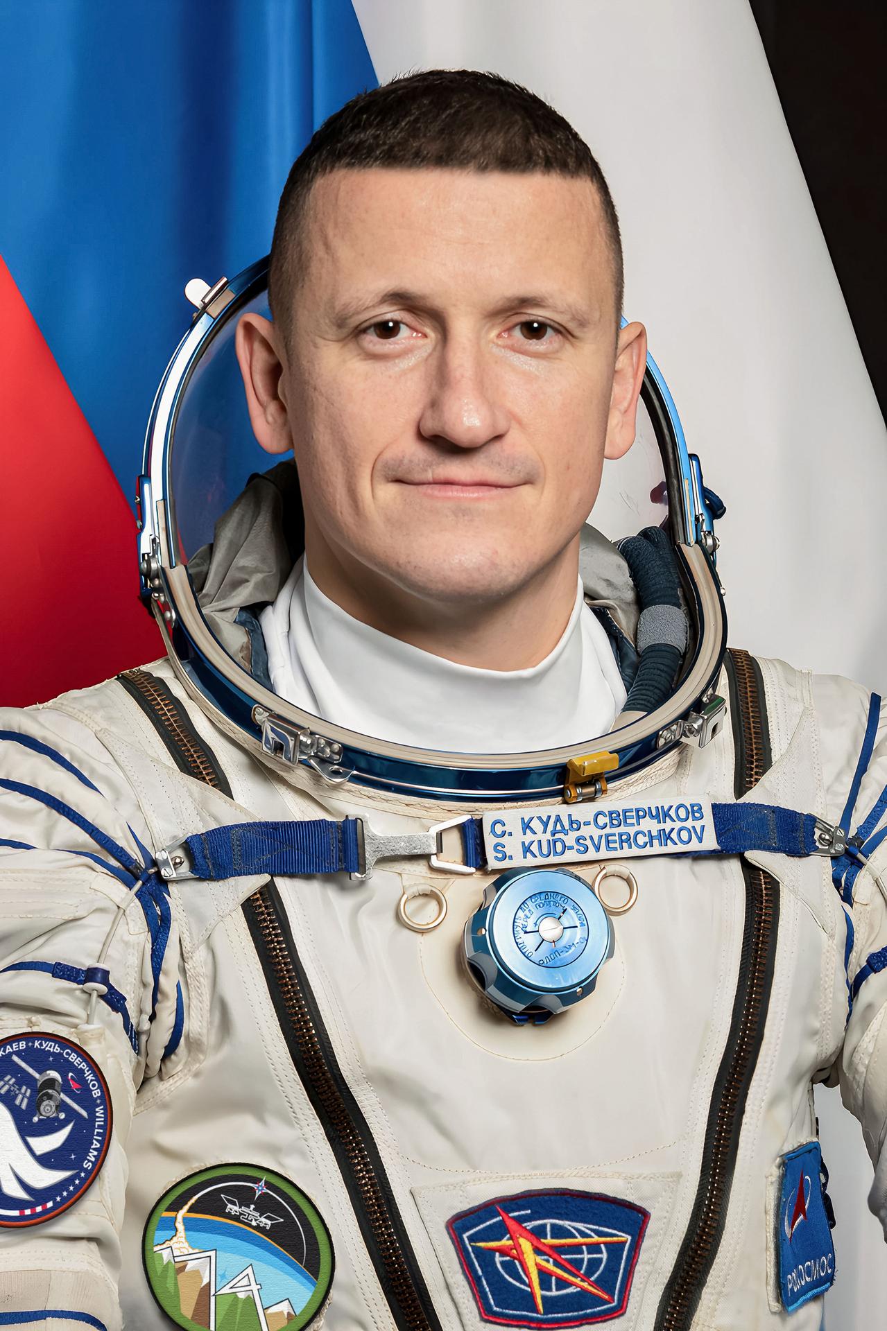 Roscosmos cosmonaut and Soyuz MS-28 Commander Sergey Kud-Sverchkov poses for a portrait in his Sokol launch and entry suit at the Gagarin Cosmonaut Training Center in Star City, Russia.