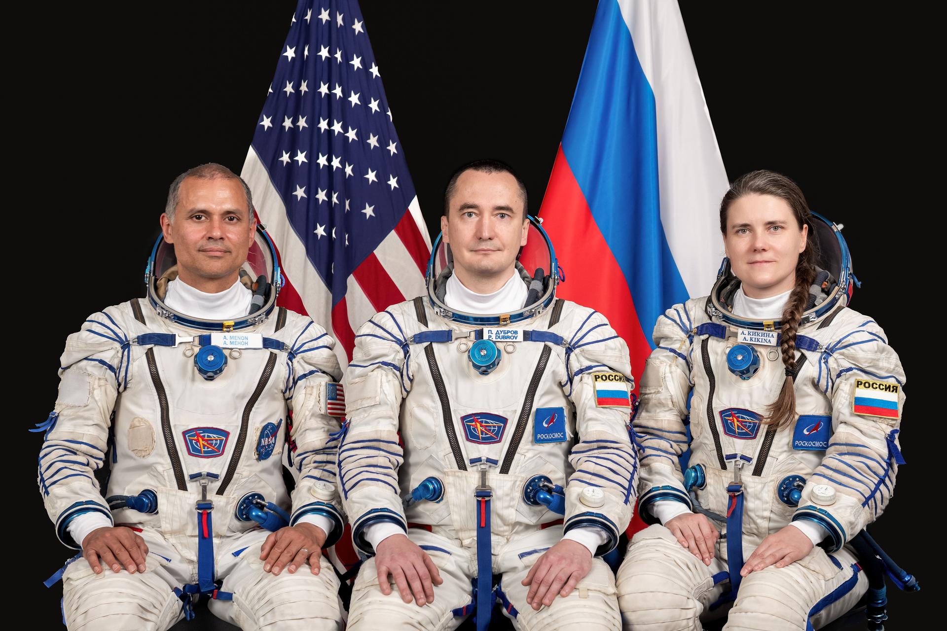 Soyuz MS-28 backup crew members (from left) NASA astronaut Anil Menon and Roscosmos cosmonauts Pyotr Dubrov and Ann Kikina pose for a portrait at the Gagarin Cosmonaut Training Center in Russia.
