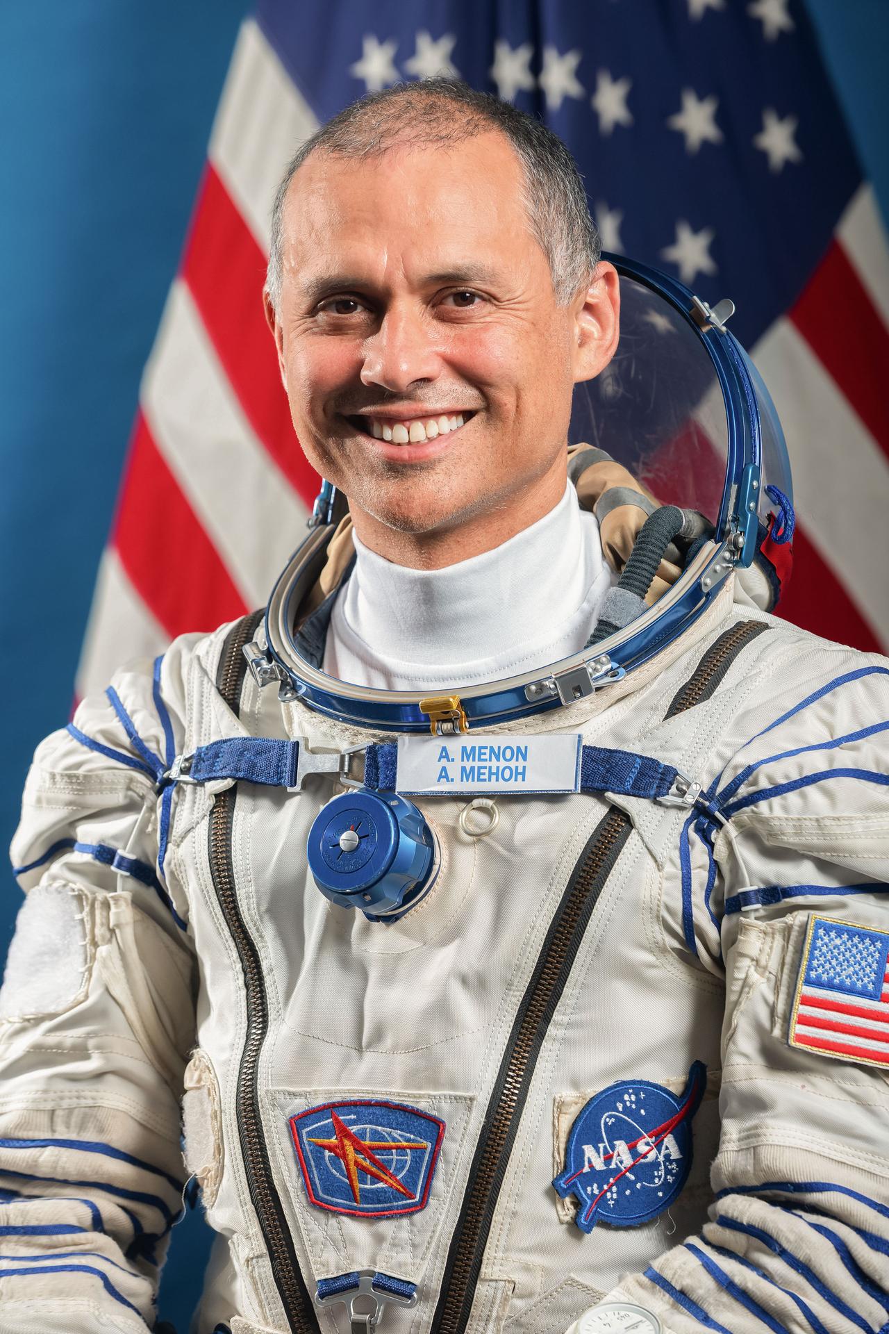 NASA astronaut and Soyuz MS-28 Backup Flight Engineer Anil Menon poses for a portrait in his Sokol launch and entry suit at the Gagarin Cosmonaut Training Center in Star City, Russia.