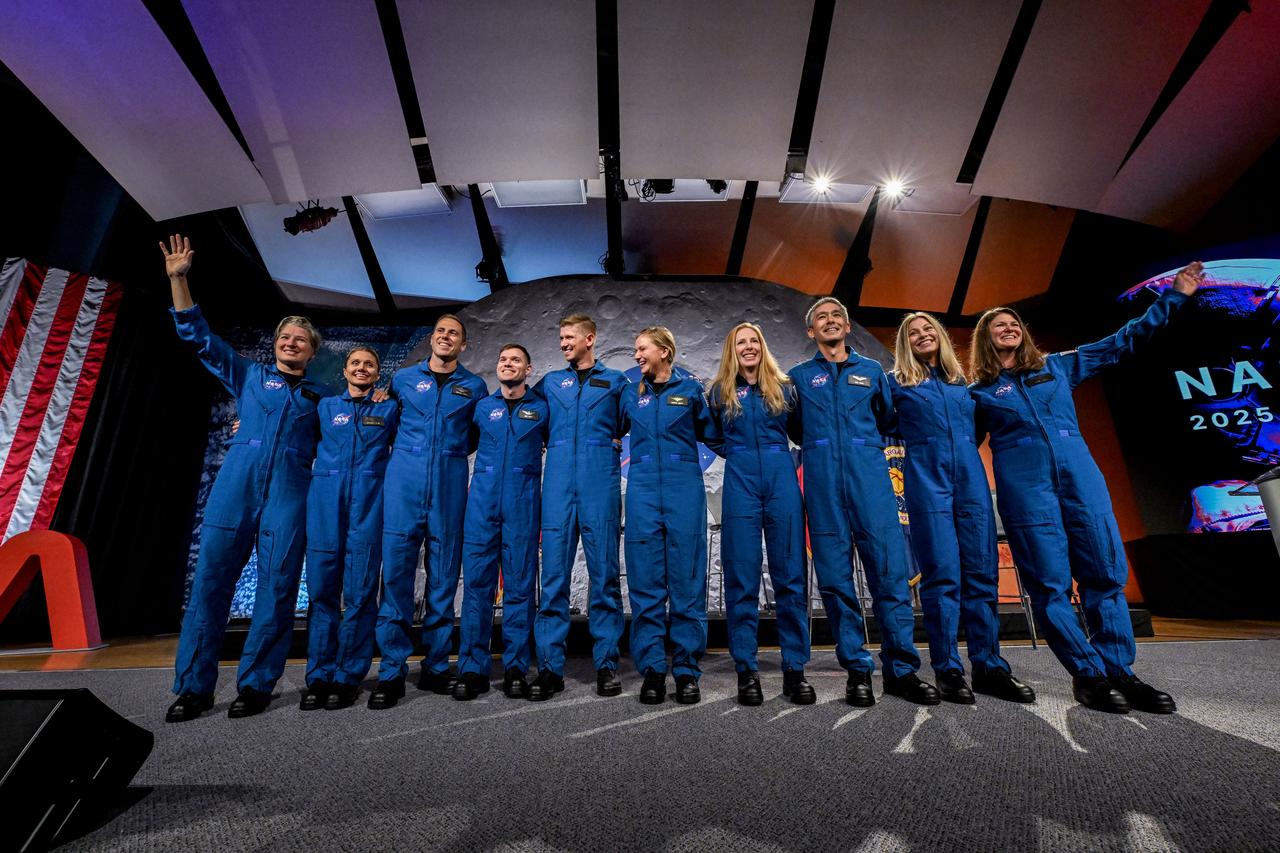 jsc2025e076333 (09/22/2025) --- NASA announced its 2025 Astronaut Candidate Class on Sept. 22, 2025. The 10 candidates, pictured here at NASA’s Johnson Space Center in Houston are: U.S. Navy Lt. Cmdr. Erin Overcash, Katherine Spies, U.S. Air Force Maj. Cameron Jones, U.S. Army CW3 Ben Bailey, U.S. Air Force Maj. Adam Fuhrmann, Rebecca Lawler, Dr. Imelda Muller, Yuri Kubo, Anna Menon, and Dr. Lauren Edgar. Photo Credit: NASA - James Blair