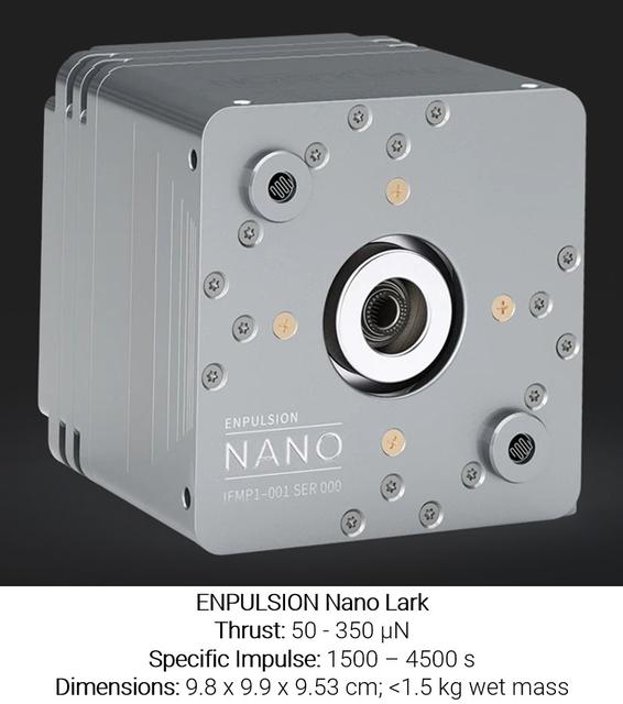 jsc2025e076915 (September 25, 2025) -- This is the ENPULSION Nano Lark thruster, a unit that contains its own power, propellant, and ion beam systems. While this thruster is not tested on station, the MICATOS investigation observes how molten indium behaves in microgravity, which could improve future thrusters of this type and refine methods for in-space soldering. Image courtesy of Enpulsion.