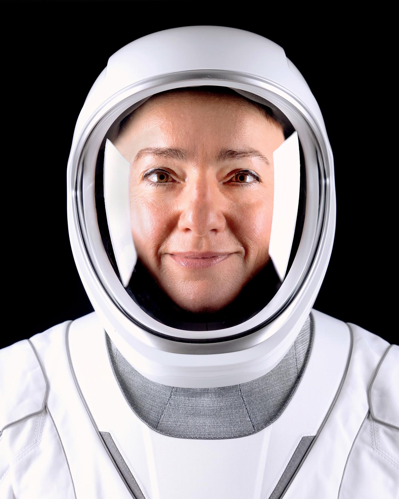 NASA astronaut Jessica Meir, commander of NASA’s SpaceX Crew-12 mission to the International Space Station, poses for a portrait in her pressure suit at SpaceX headquarters in Hawthorne, California.